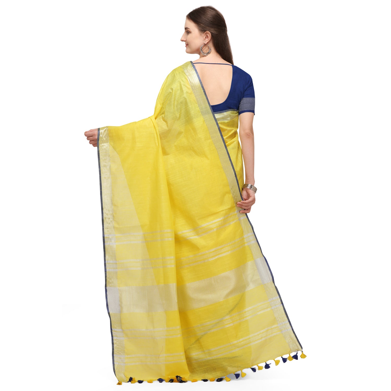 Women's self Woven Solid Textured Daily Wear Cotton Linen Sari With Blouse Piece (Yellow) - NIMIDHYA