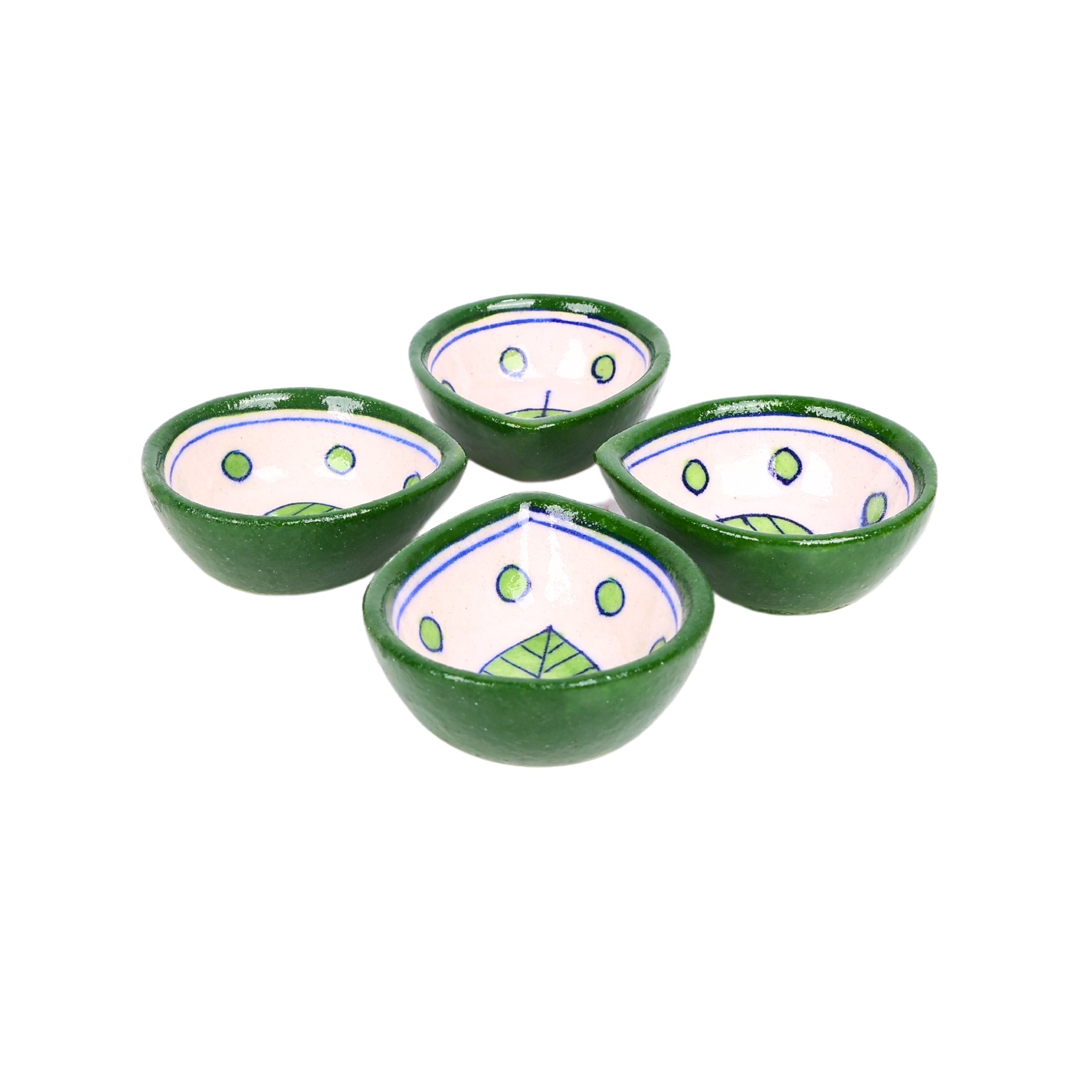 Green Blue Pottery Diyas - Set of 4 - Natriel