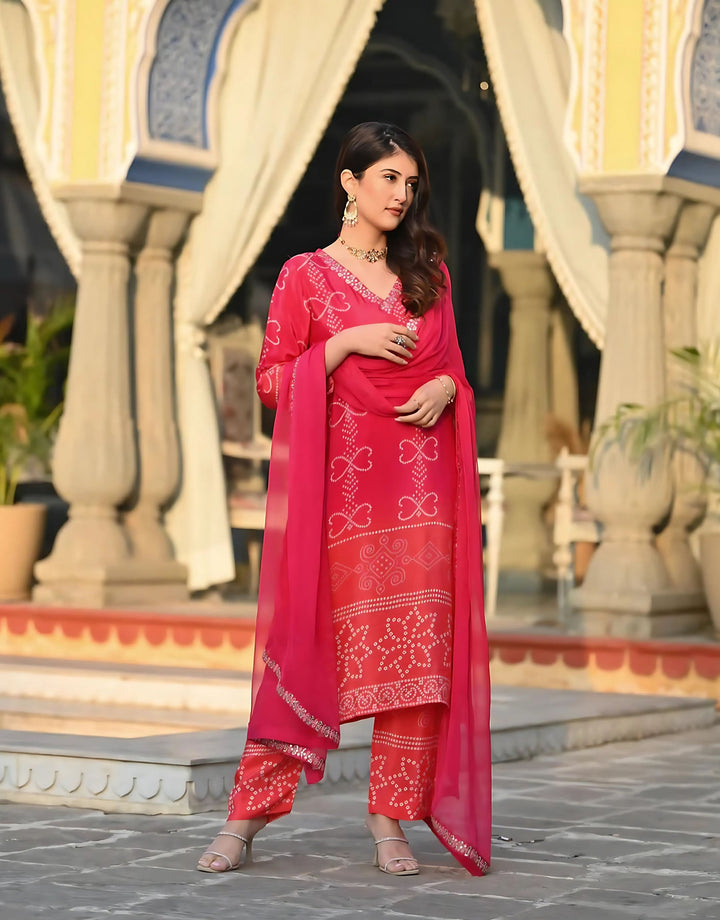 Women's Rani Chinon Print With Embroidery Lace Kurta Set