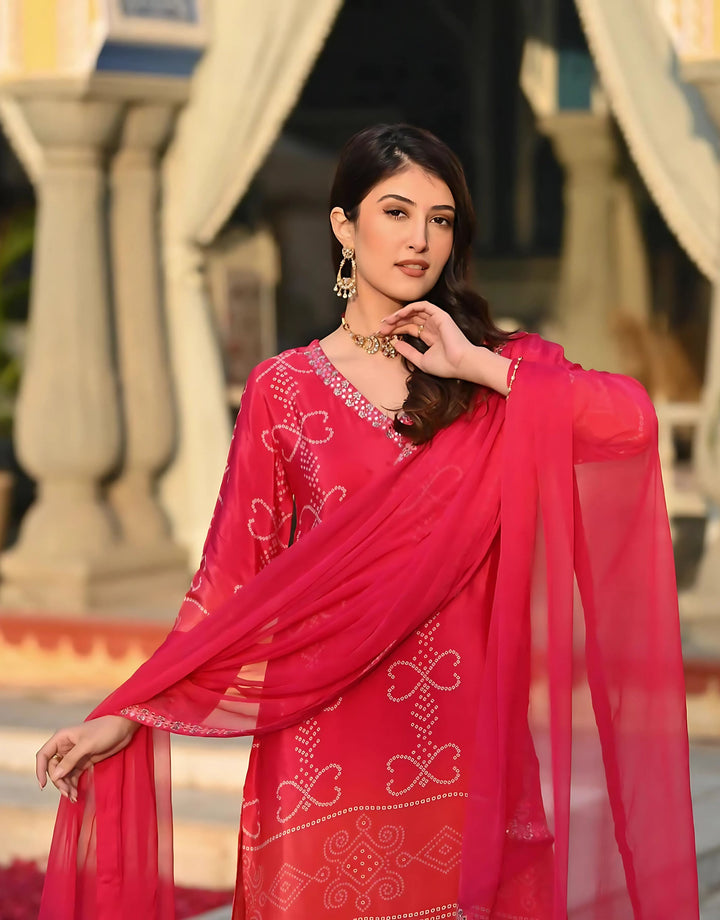 Women's Rani Chinon Print With Embroidery Lace Kurta Set