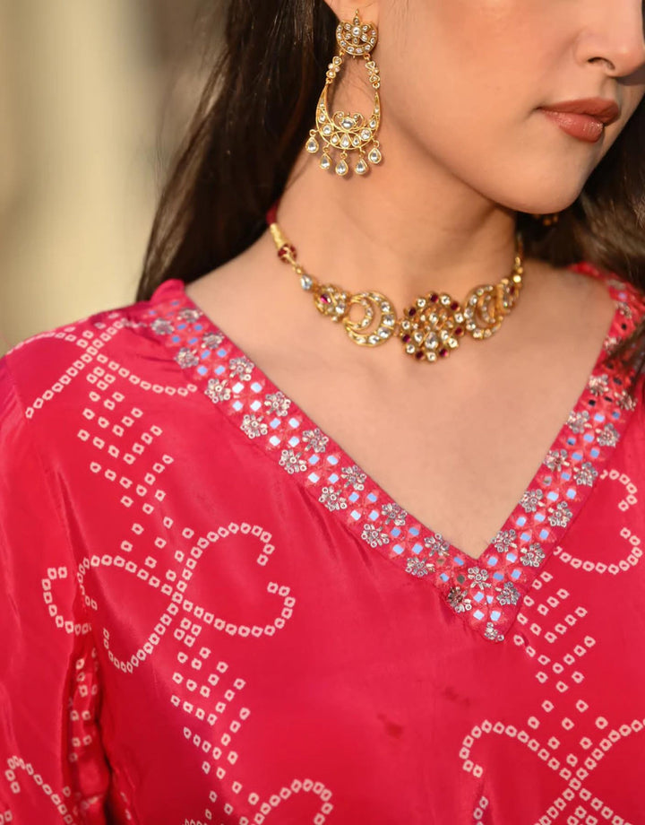 Women's Rani Chinon Print With Embroidery Lace Kurta Set