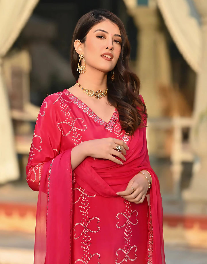 Women's Rani Chinon Print With Embroidery Lace Kurta Set