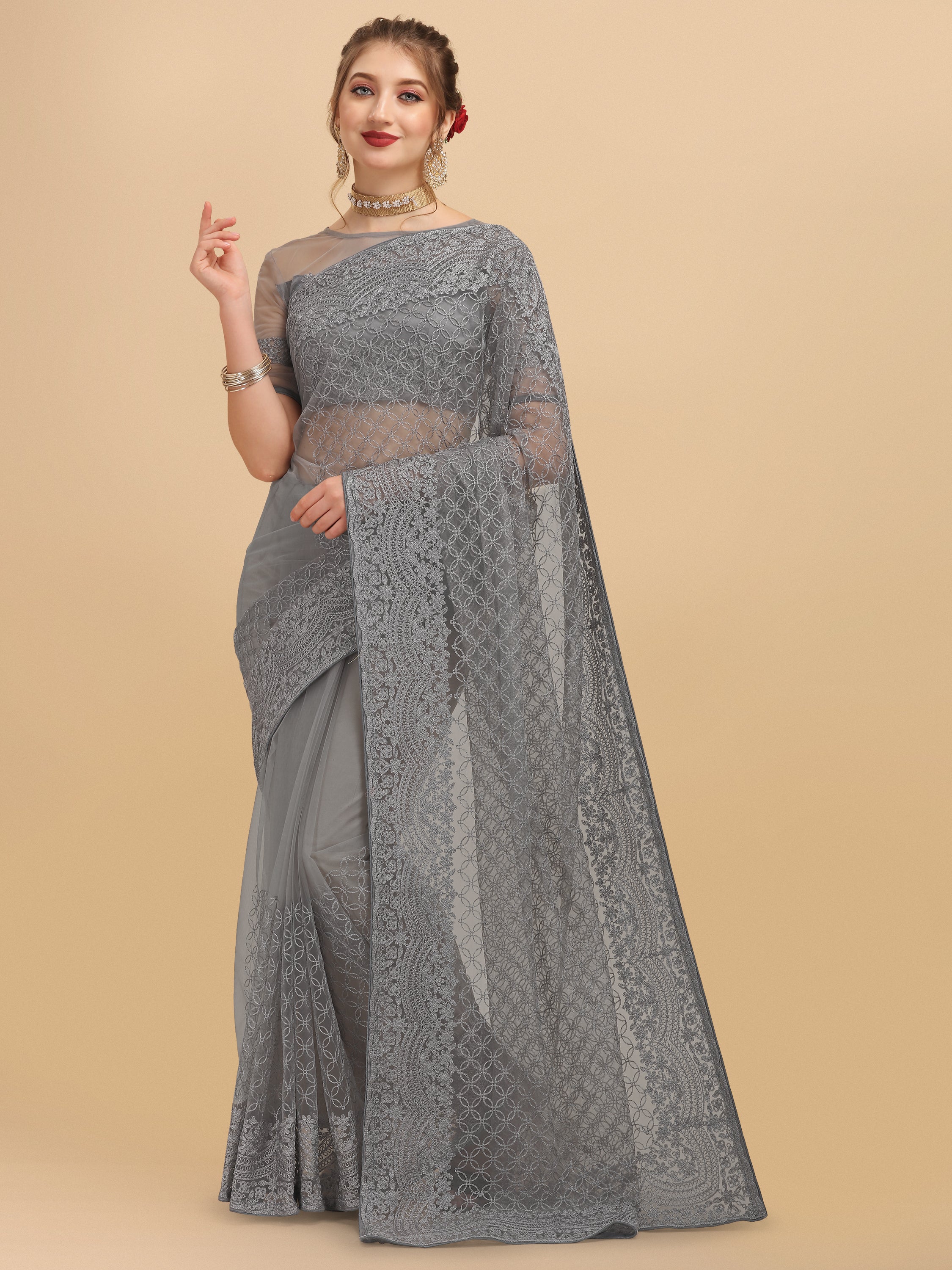 Women's Embroidery Paty Wear Contemporary Net Saree With Blouse Piece (Grey) - NIMIDHYA
