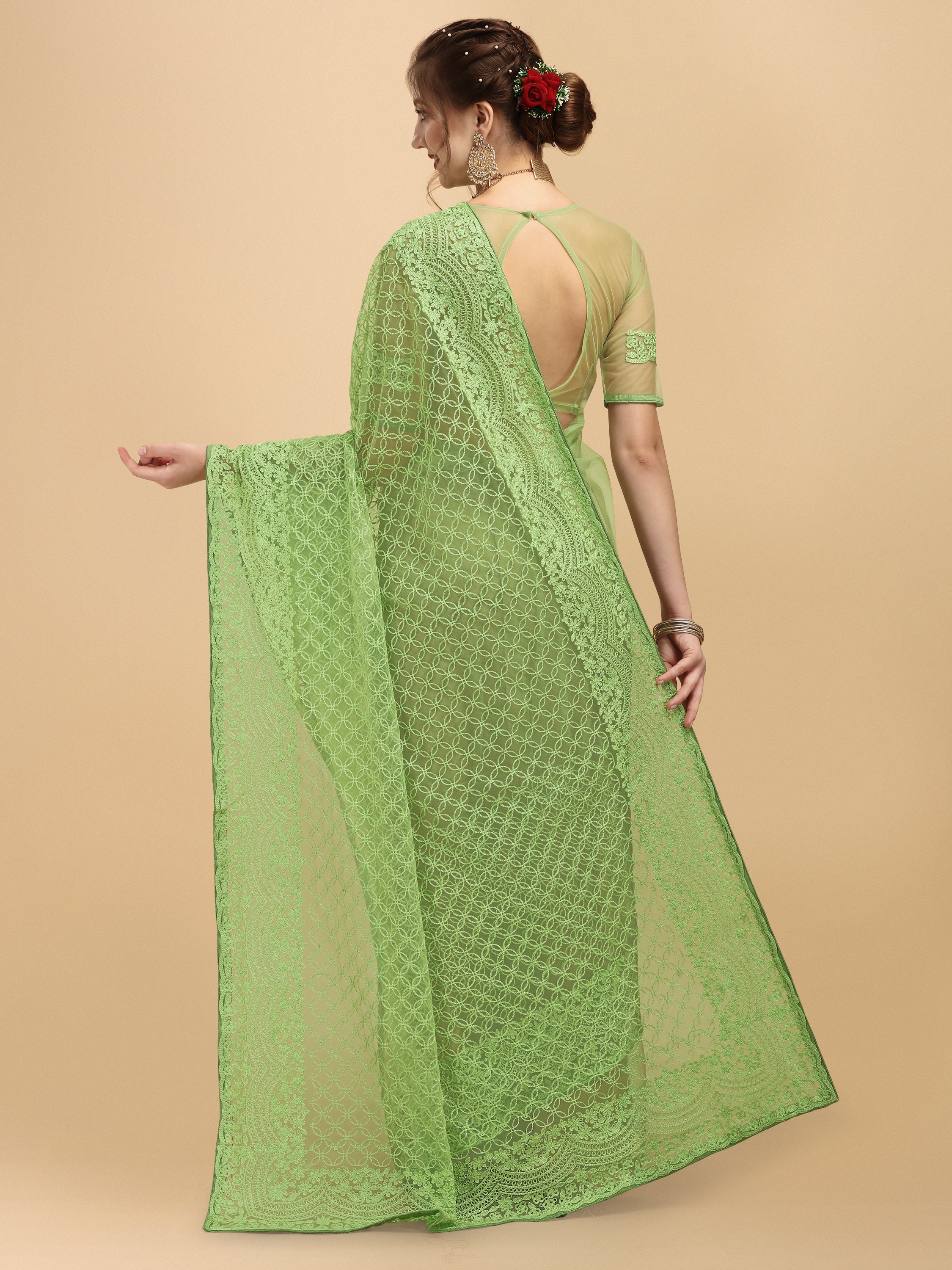 Women's Embroidery Paty Wear Contemporary Net Saree With Blouse Piece (Green) - NIMIDHYA