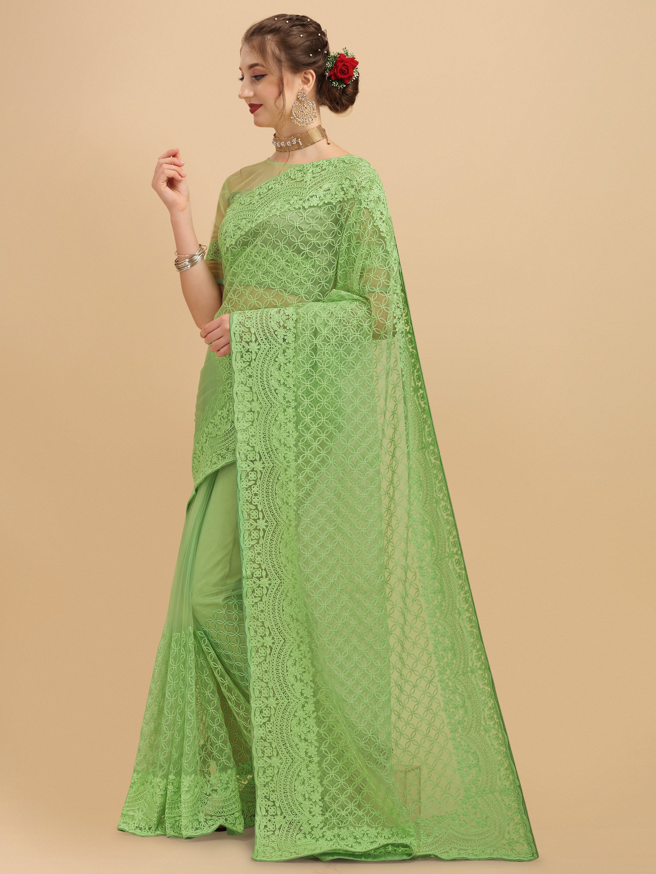 Women's Embroidery Paty Wear Contemporary Net Saree With Blouse Piece (Green) - NIMIDHYA