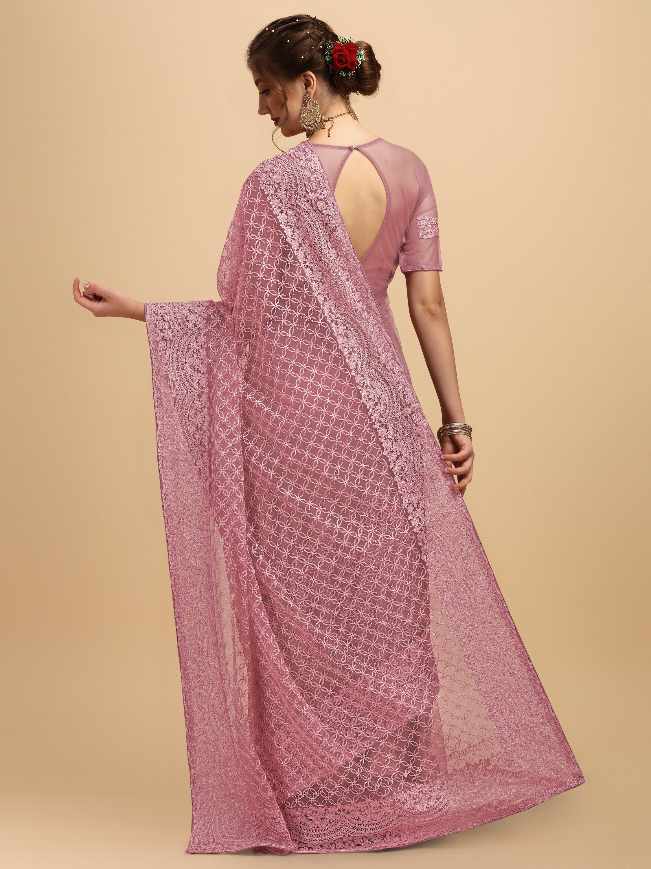 Women's Embroidery Paty Wear Contemporary Net Saree With Blouse Piece (Light Pink) - NIMIDHYA