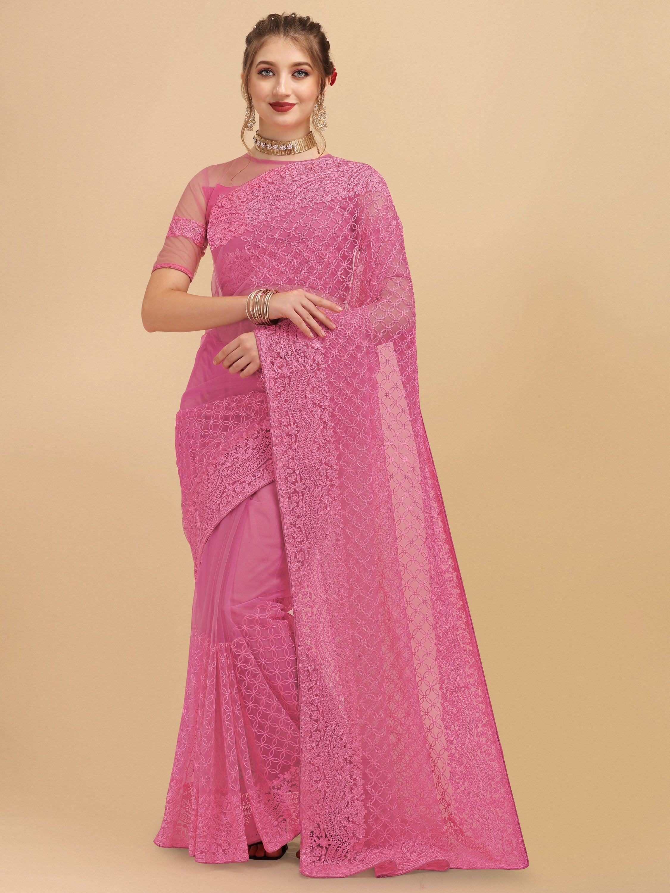 Women's Embroidery Paty Wear Contemporary Net Saree With Blouse Piece (Pink) - NIMIDHYA