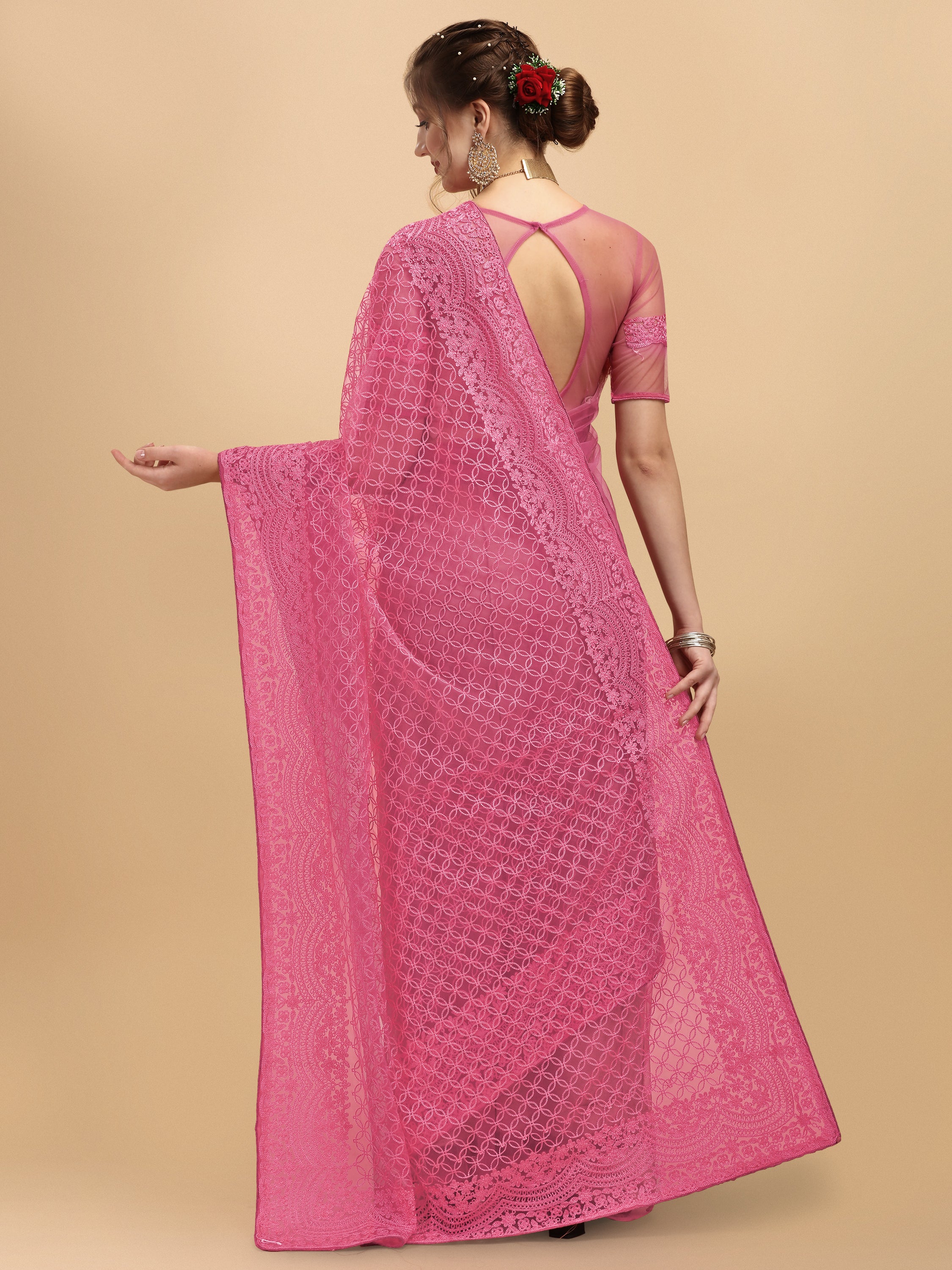 Women's Embroidery Paty Wear Contemporary Net Saree With Blouse Piece (Pink) - NIMIDHYA