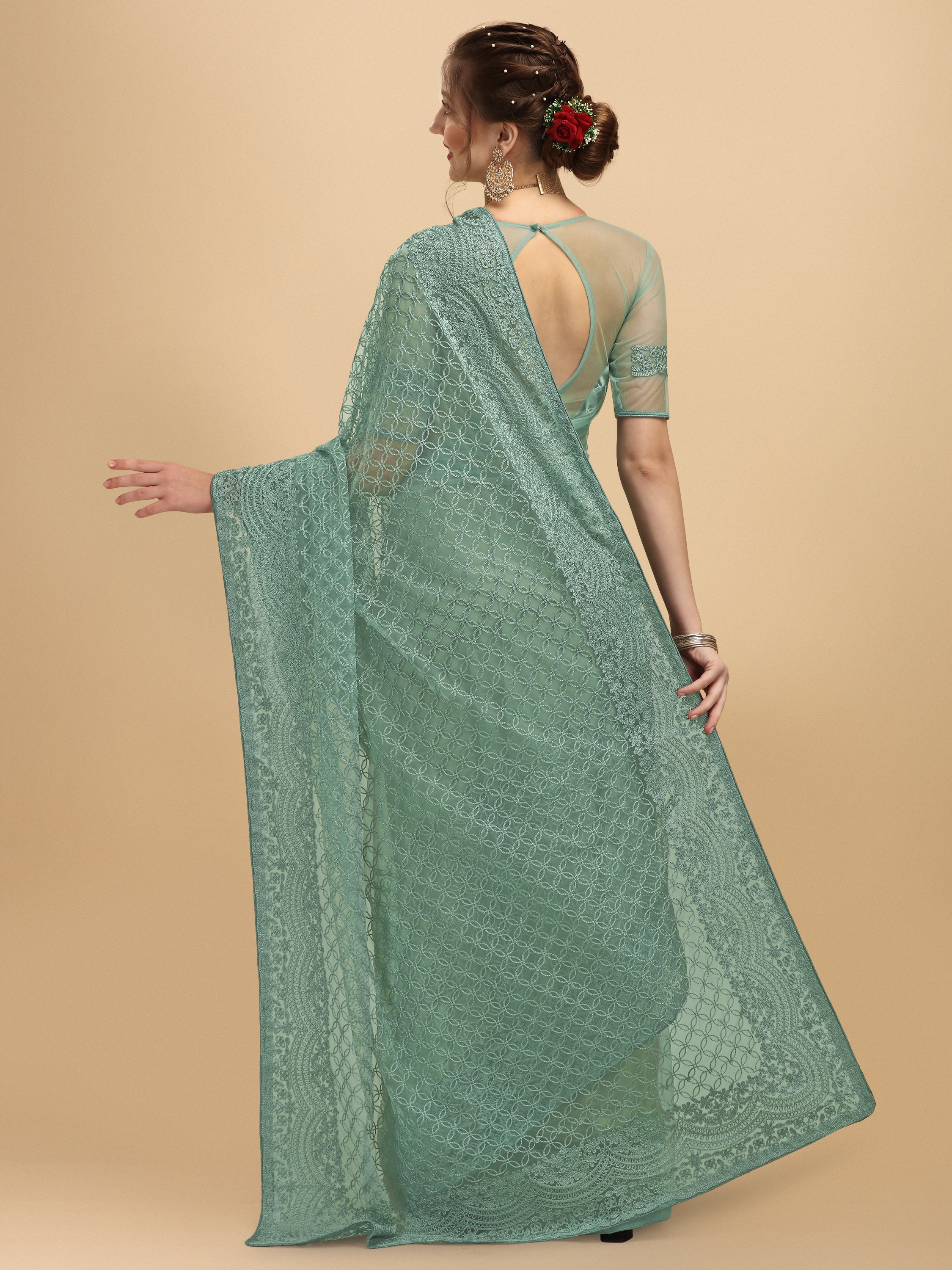 Women's Embroidery Paty Wear Contemporary Net Saree With Blouse Piece (Rama) - NIMIDHYA