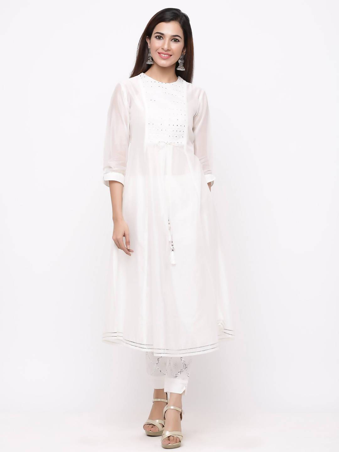 Women's White Chanderi Cotton Embellished A-Line Kurta - Juniper USA