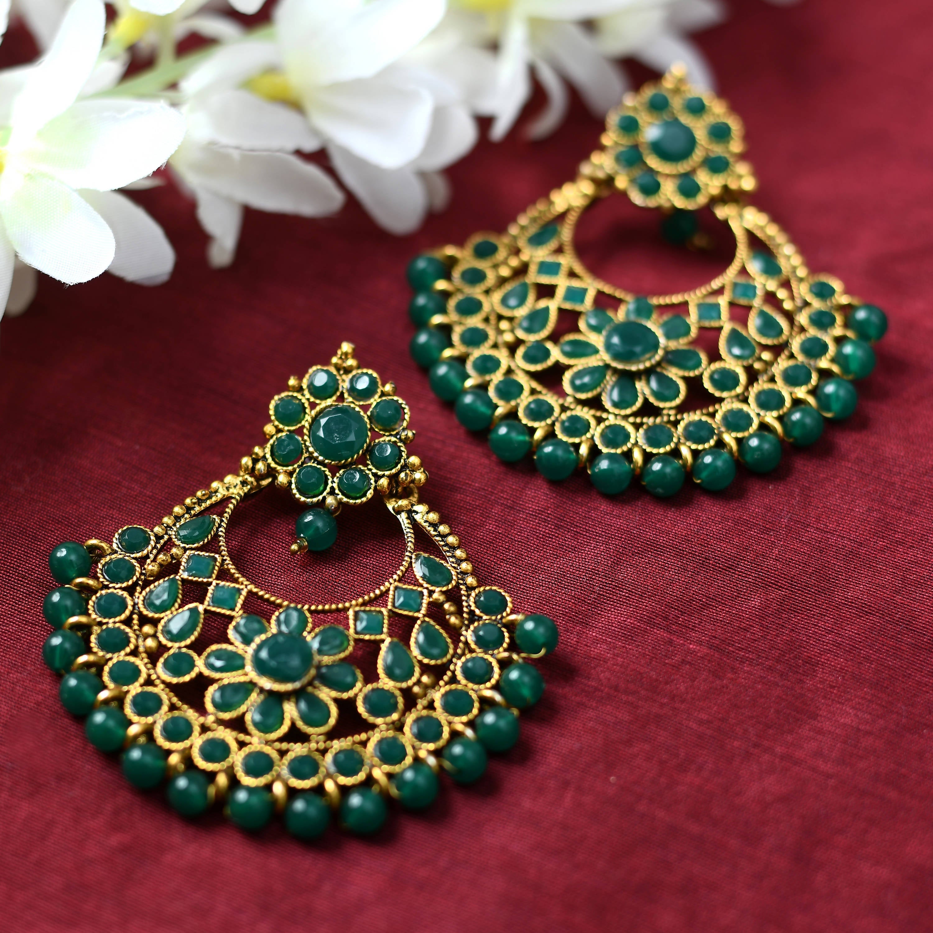 Johar Kamal Gold-Plated Kundan & Pearls Green Color Ear