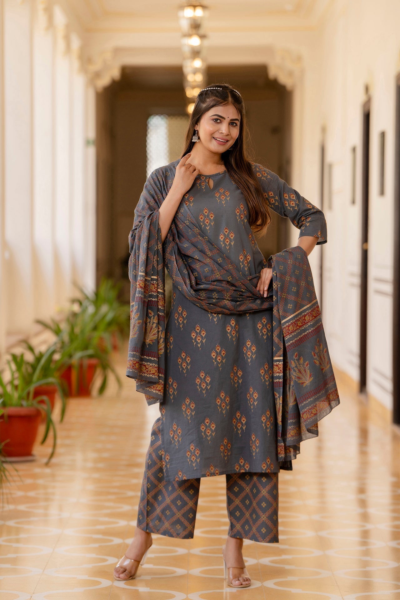 Women's Grey & Gold Ethnic Motifs Print Cotton Straight Kurta Palazzos Dupatta - Taantav