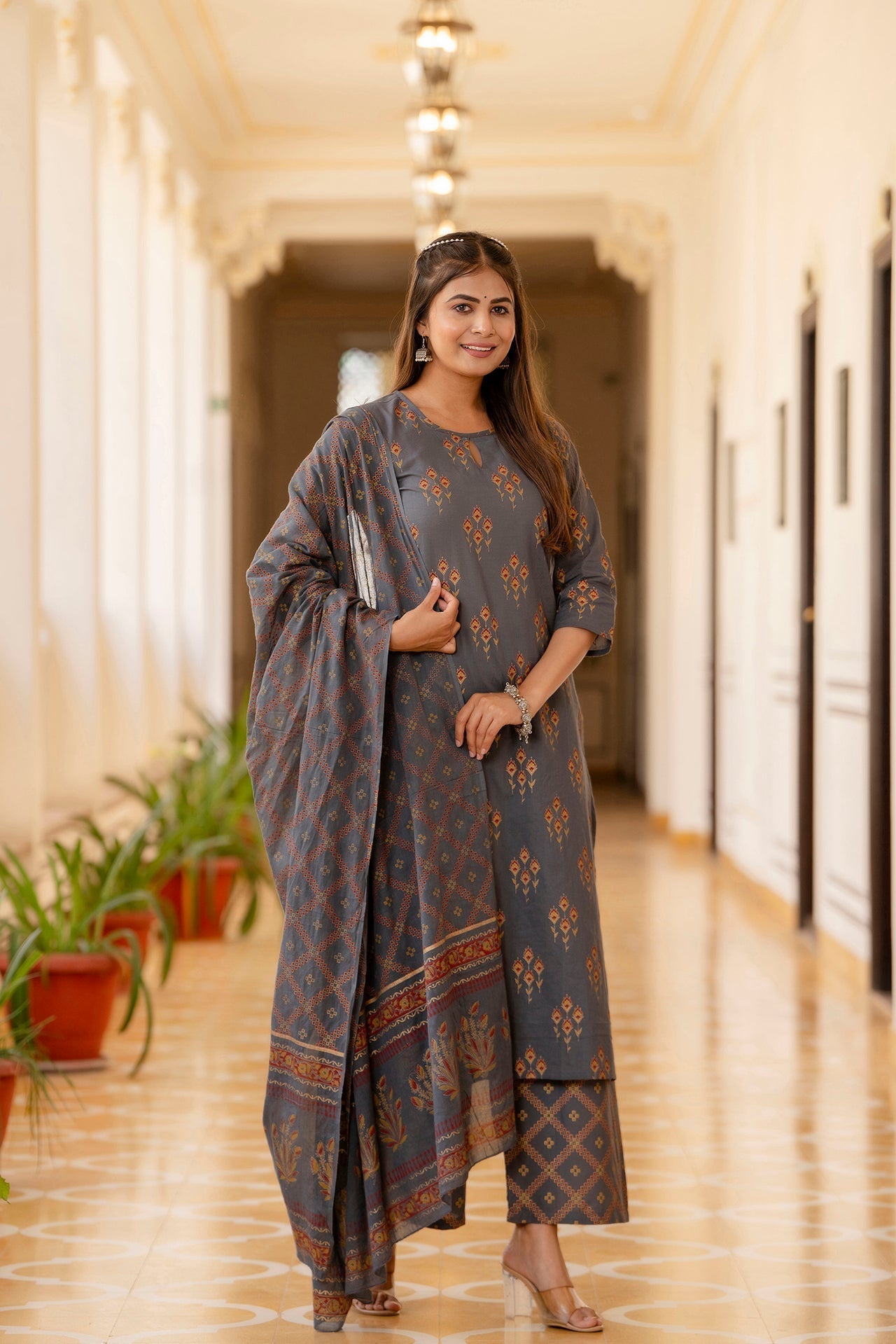 Women's Grey & Gold Ethnic Motifs Print Cotton Straight Kurta Palazzos Dupatta - Taantav