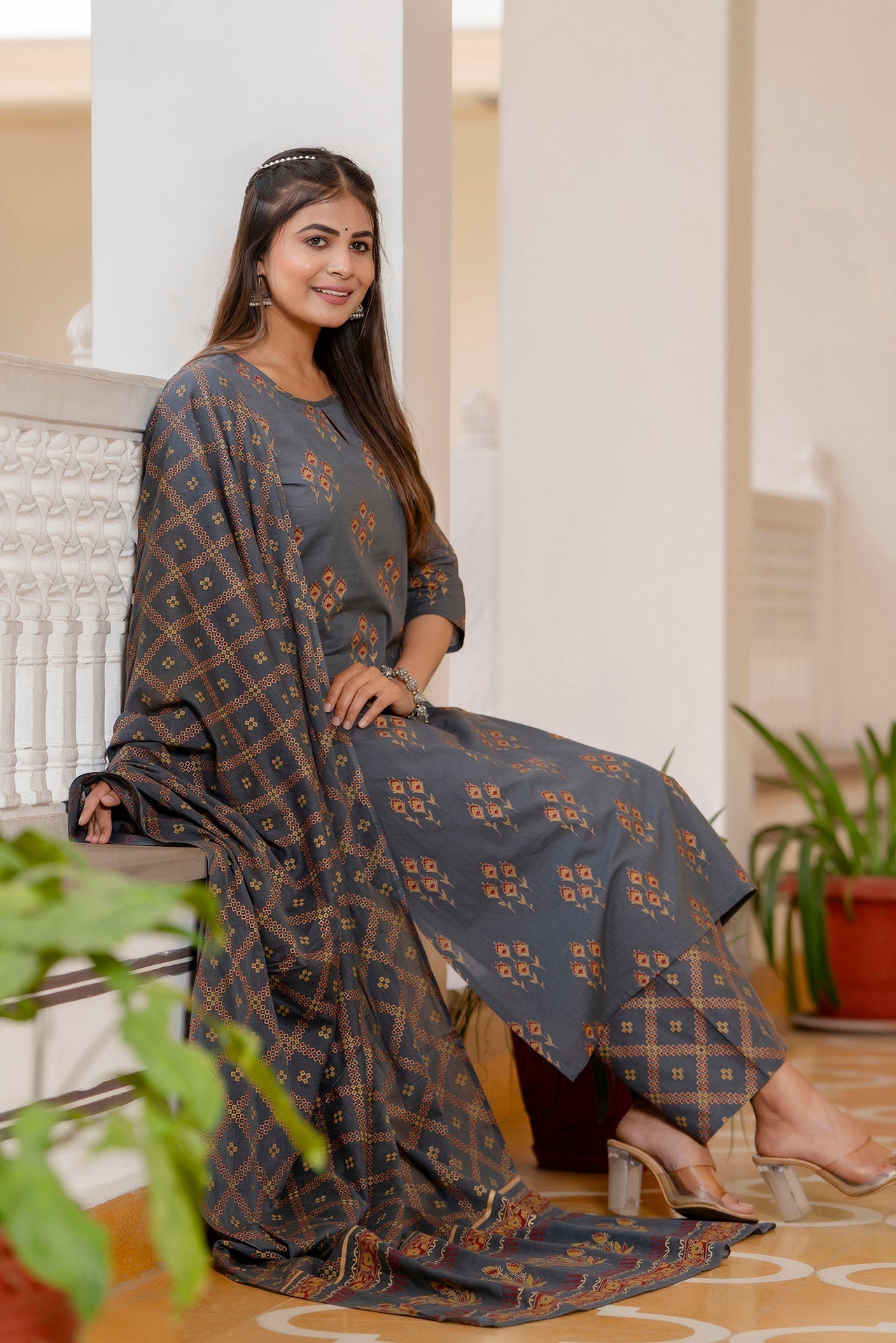 Women's Grey & Gold Ethnic Motifs Print Cotton Straight Kurta Palazzos Dupatta - Taantav