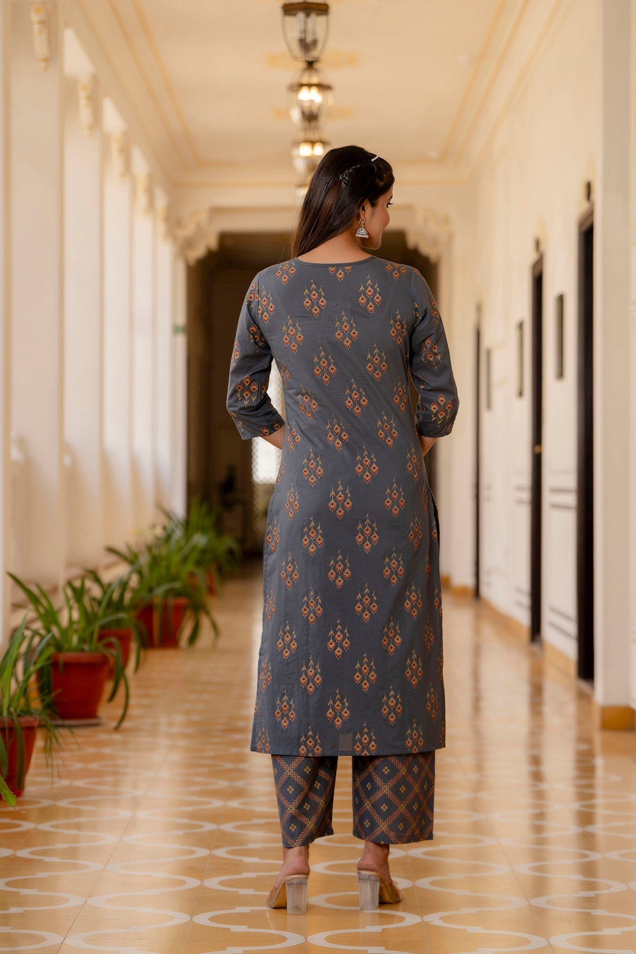 Women's Grey & Gold Ethnic Motifs Print Cotton Straight Kurta Palazzos Dupatta - Taantav