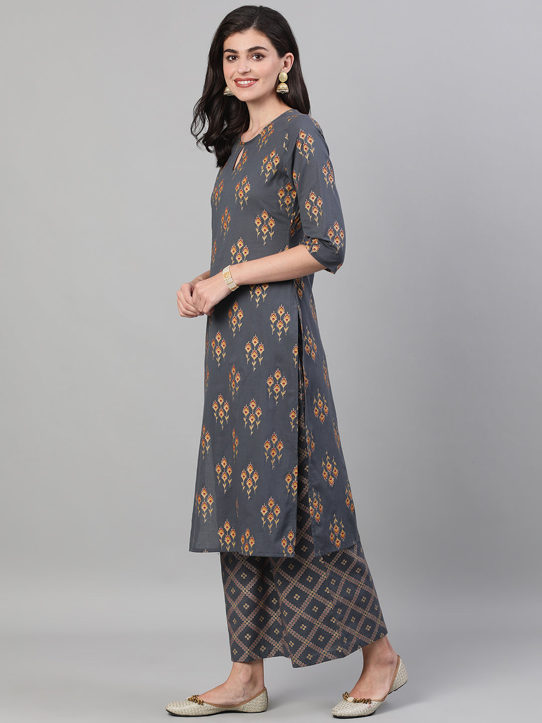 Women's Grey & Gold Ethnic Motifs Print Cotton Straight Kurta Palazzos Dupatta - Taantav