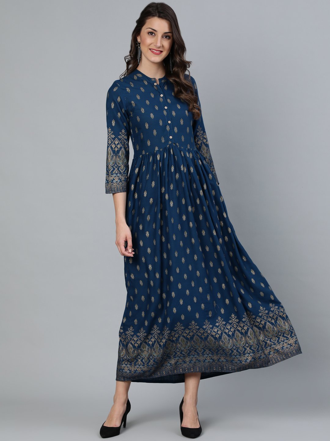 Women's Teal Blue Printed Maxi Dress With Three Quarter Sleeves - Final Clearance Sale