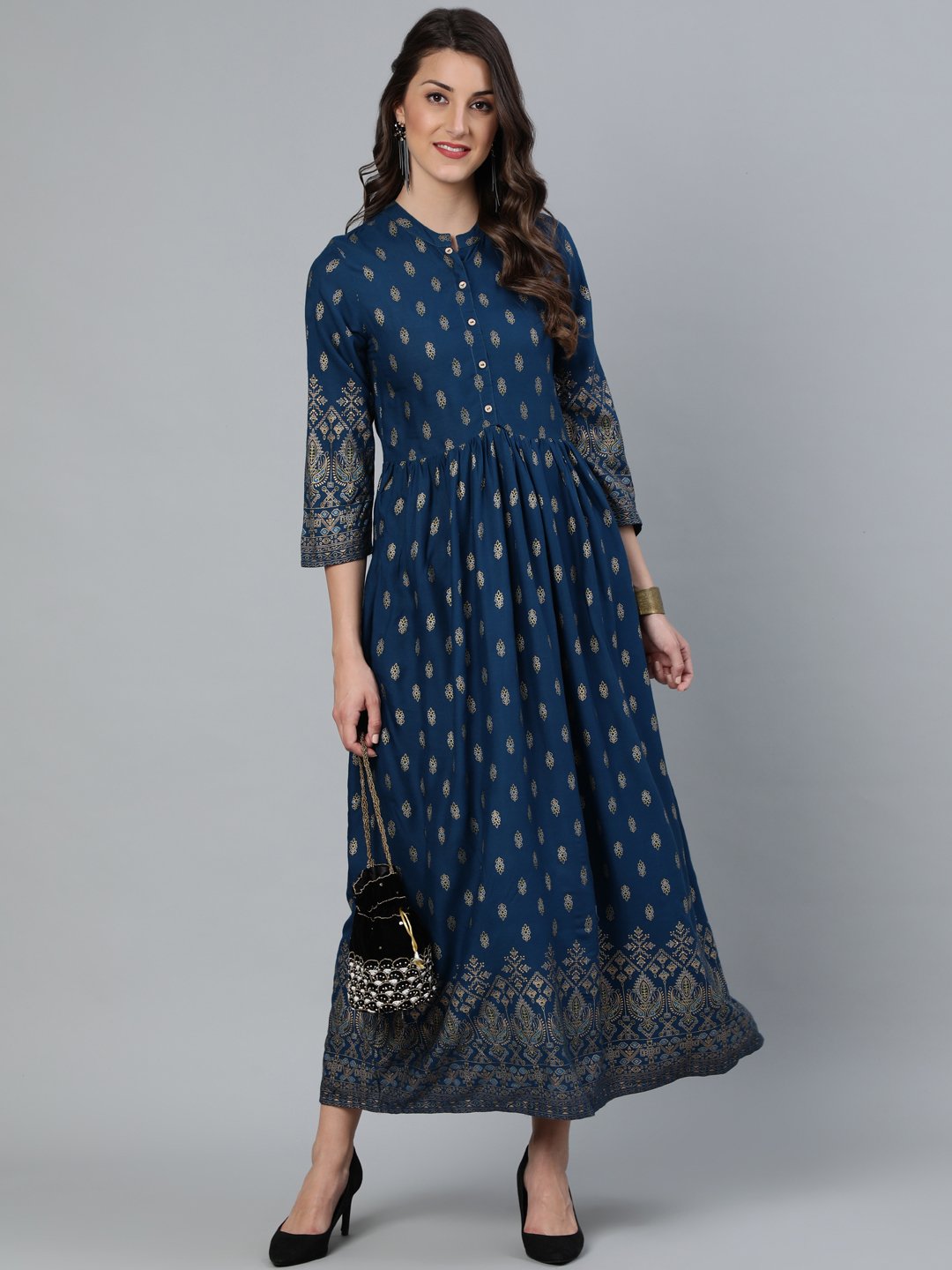 Women's Teal Blue Printed Maxi Dress With Three Quarter Sleeves - Final Clearance Sale