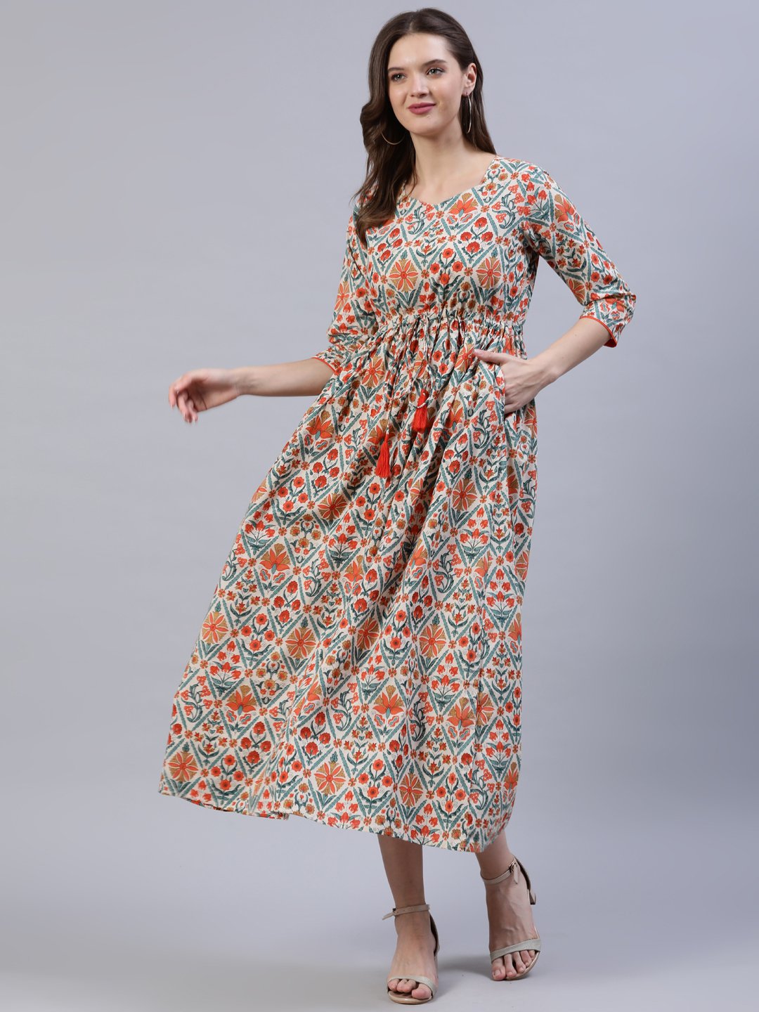 Women's Off-White Printed Dress With Three Quarter Sleeves
