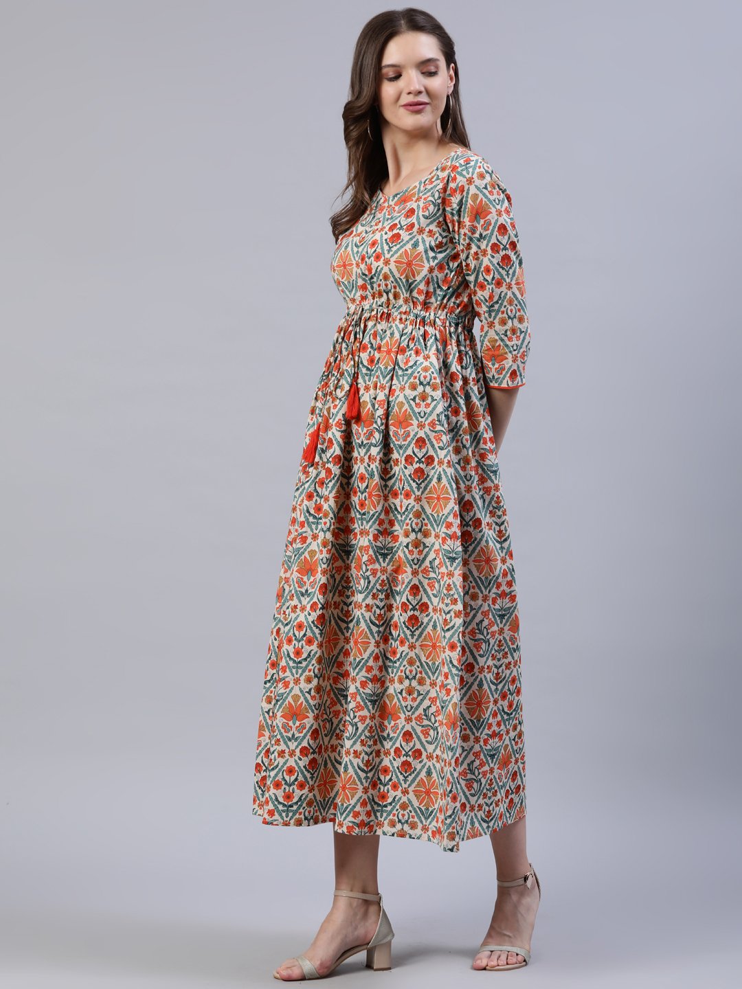 Women's Off-White Printed Dress With Three Quarter Sleeves