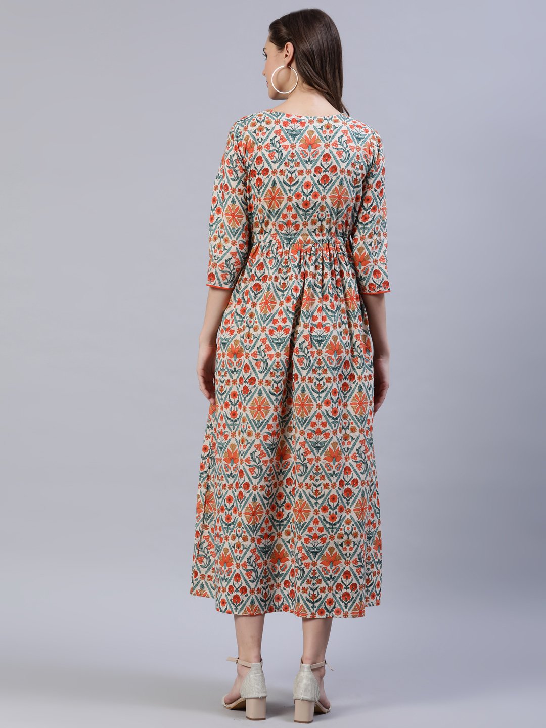 Women's Off-White Printed Dress With Three Quarter Sleeves