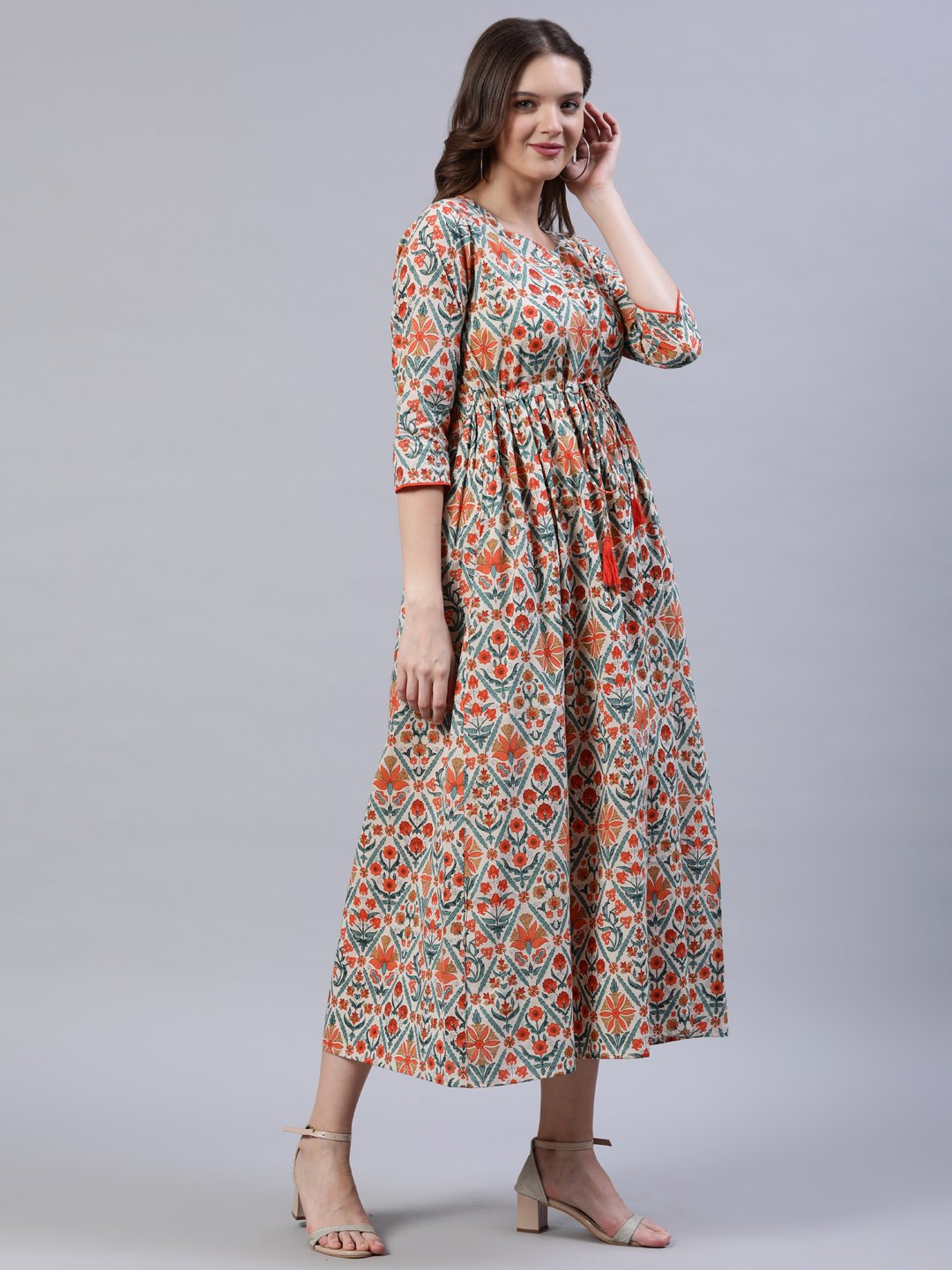 Women's Off-White Printed Dress With Three Quarter Sleeves