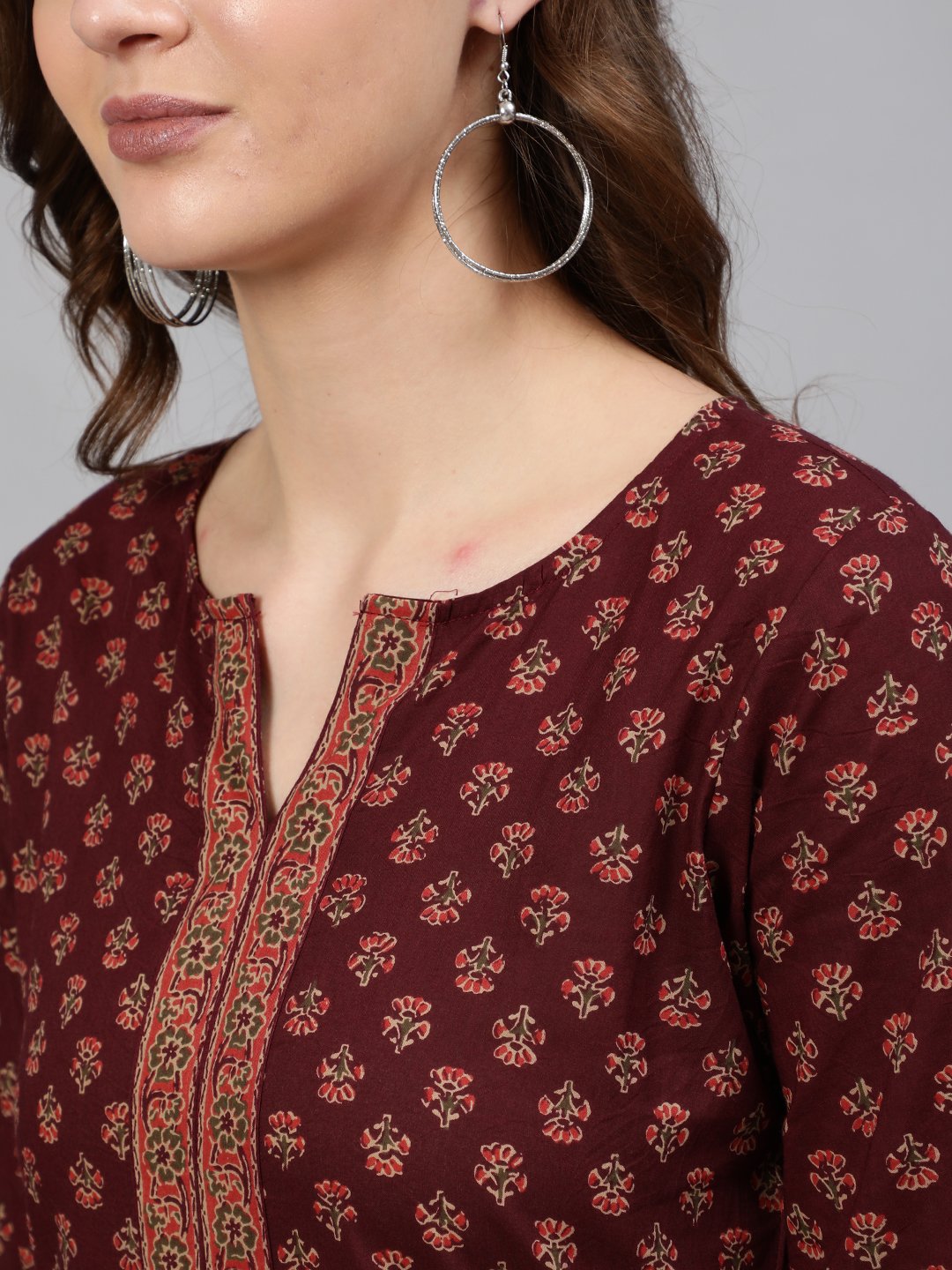 Women's Burgundy Printed Tunic With Three Quarter Sleeves - Nayo Clothing USA