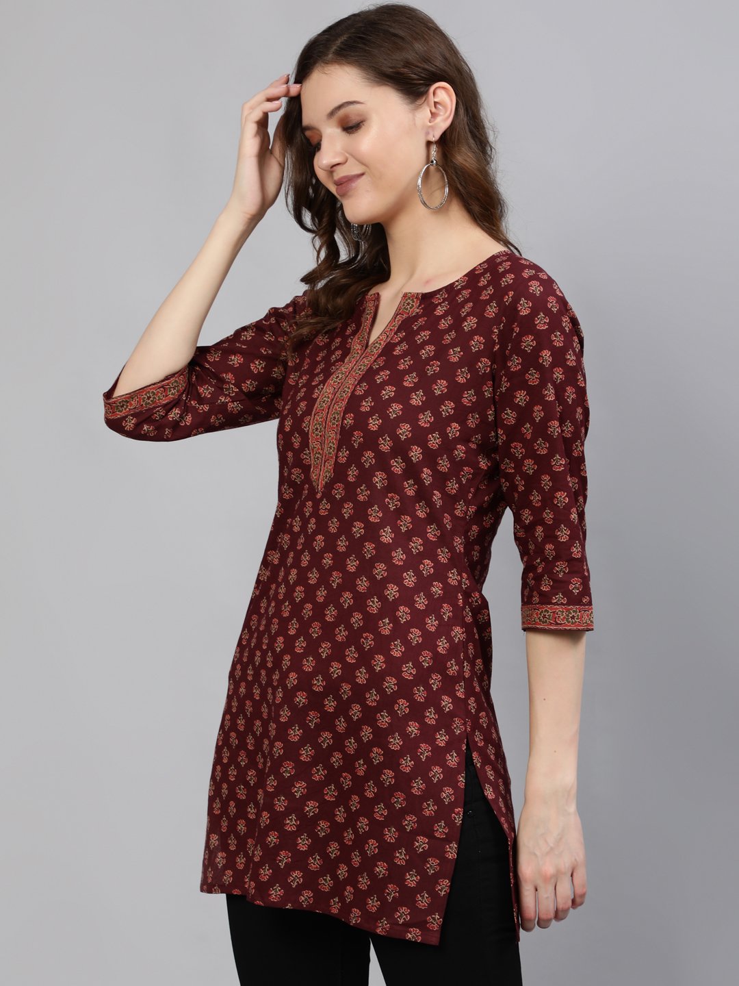 Women's Burgundy Printed Tunic With Three Quarter Sleeves - Nayo Clothing USA