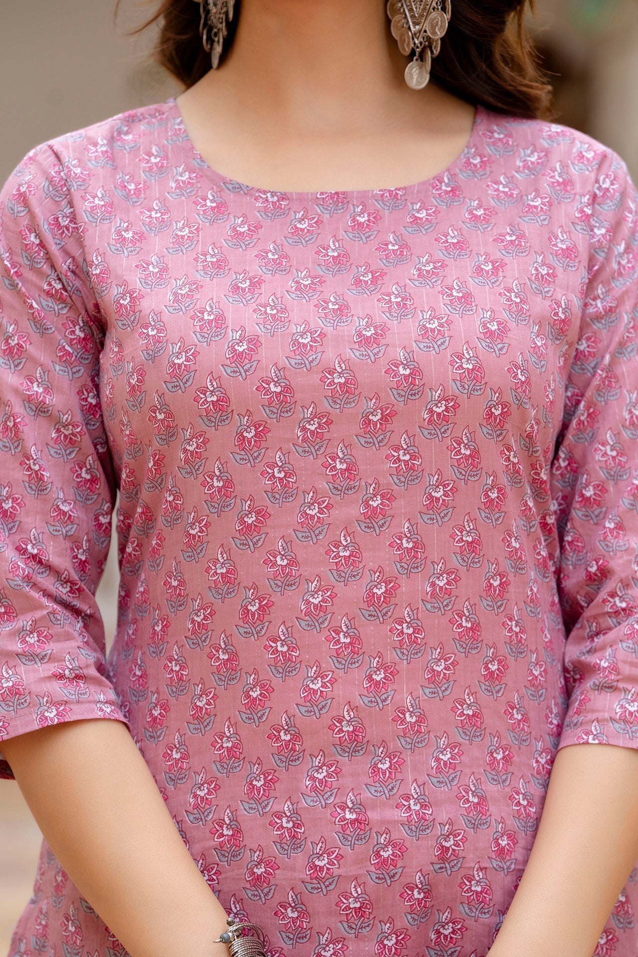 Women's Pink Floral Printed Cotton Kurta & Palazzos With Dupatta