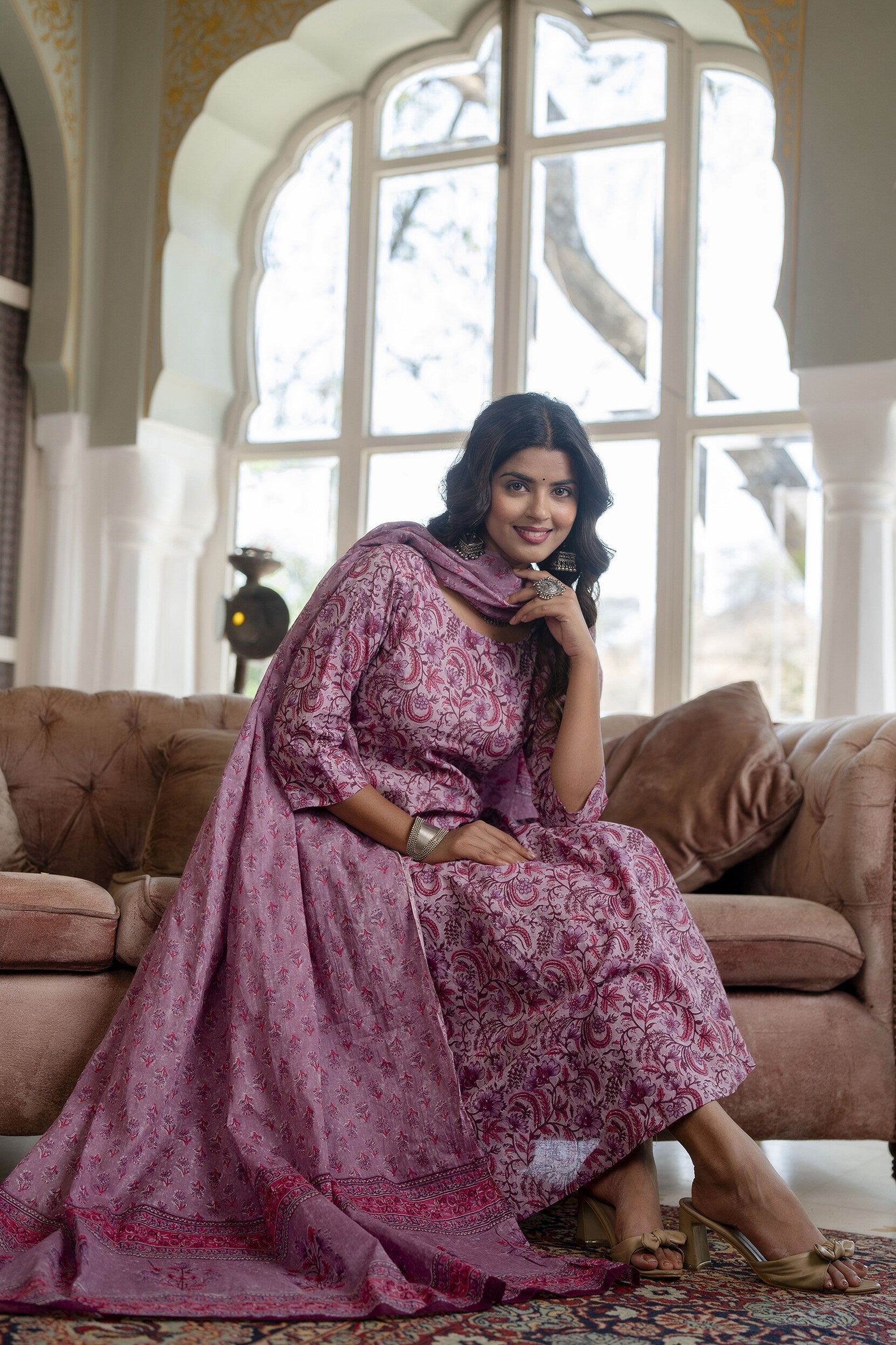 Women's Lavender Floral Printed Kurta With Trouser And Dupatta - Taantav