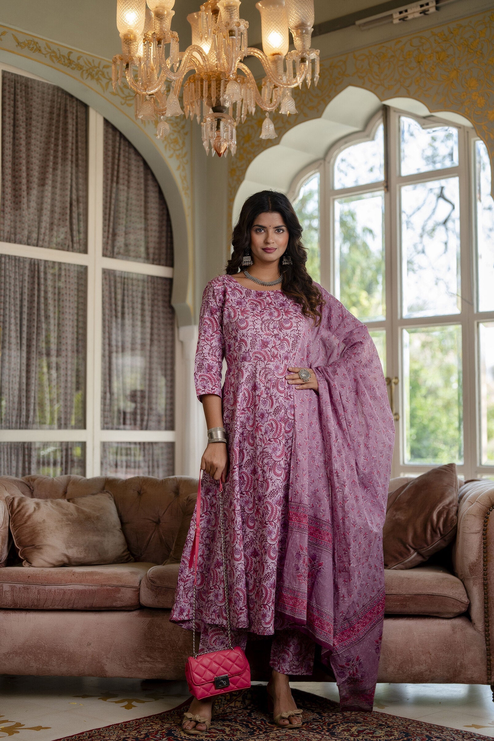 Women's Lavender Floral Printed Kurta With Trouser And Dupatta - Taantav