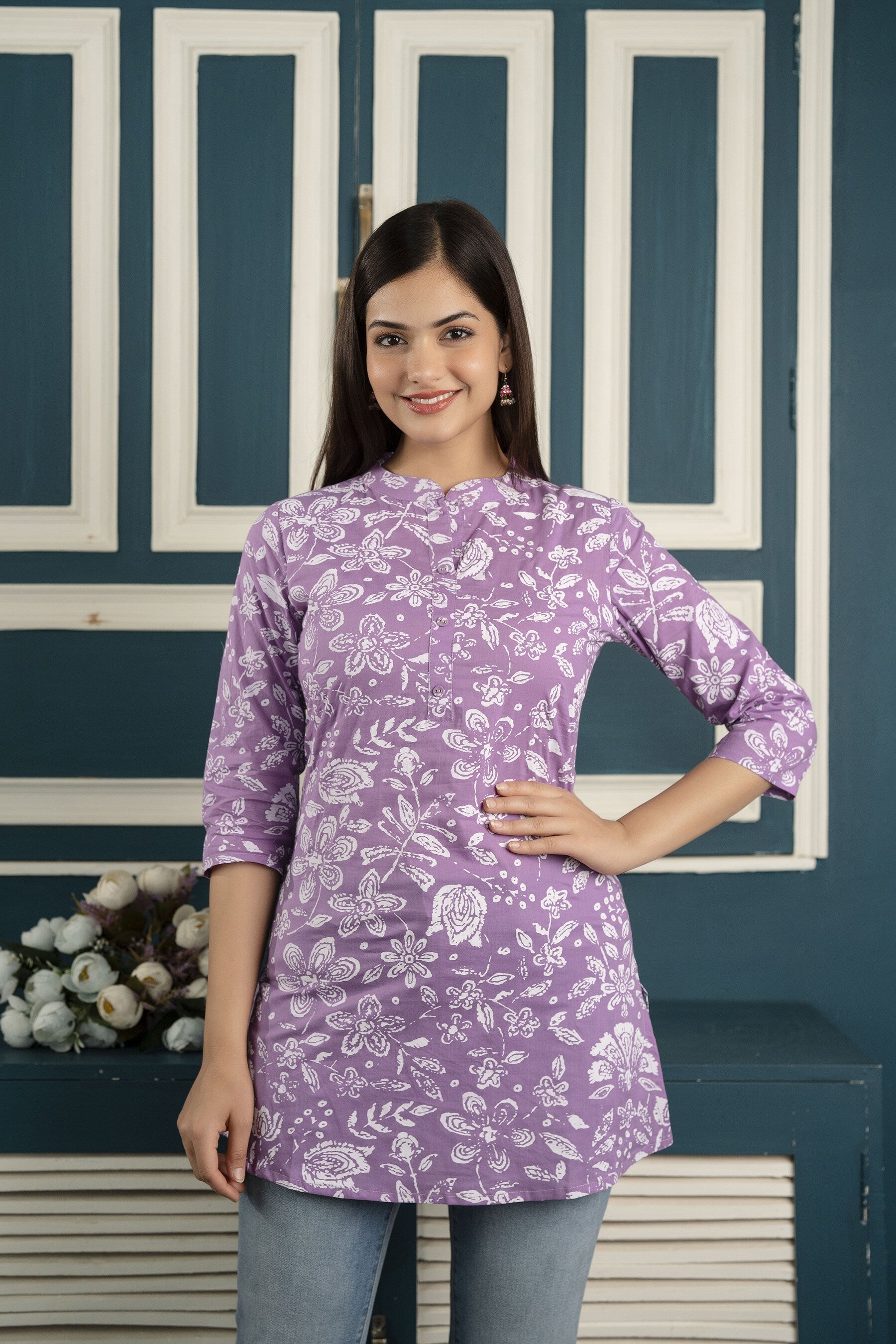 Women's Purple Straight Tunic With Three Quarter Sleeves - Taantav