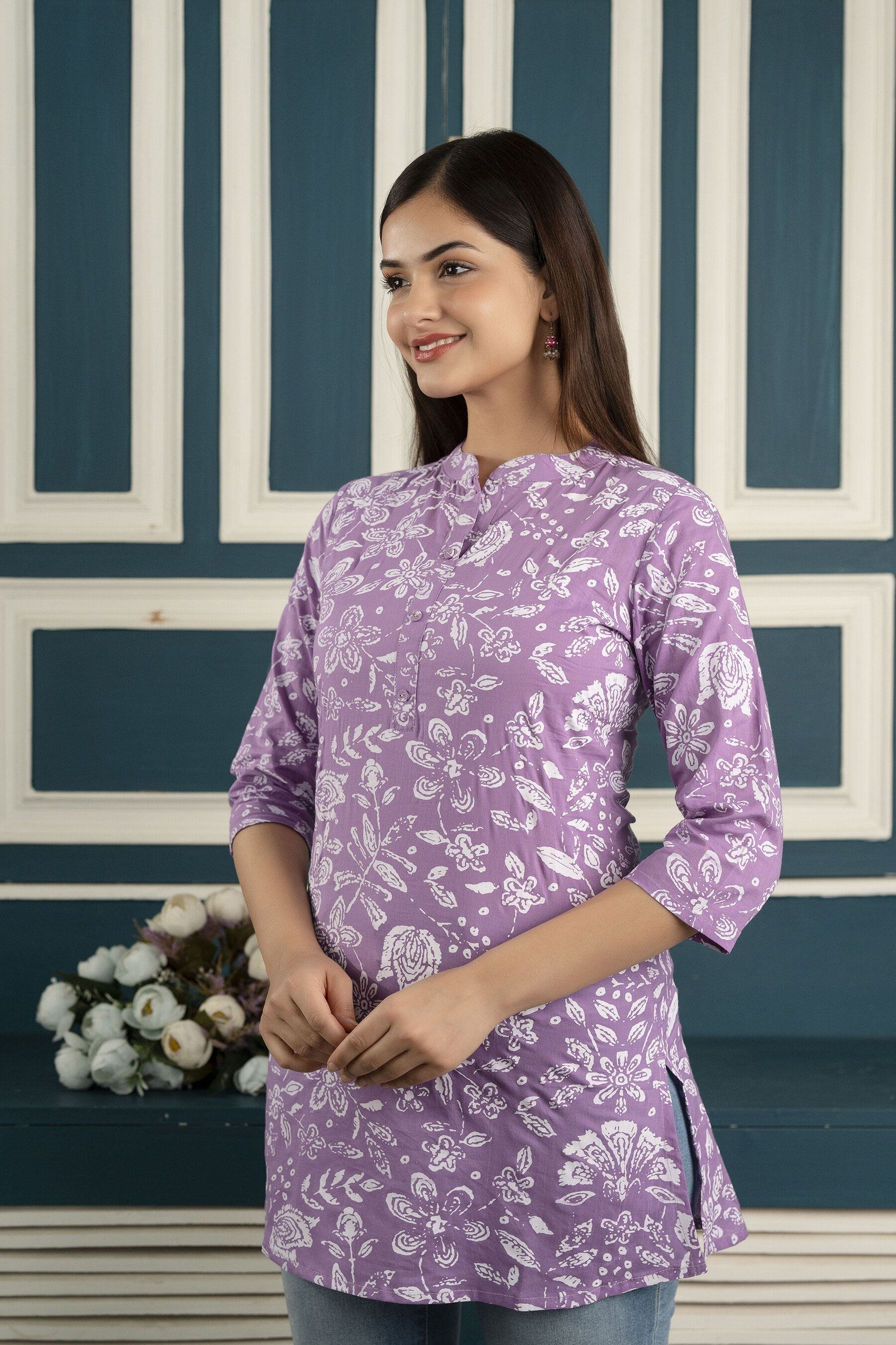 Women's Purple Straight Tunic With Three Quarter Sleeves - Taantav