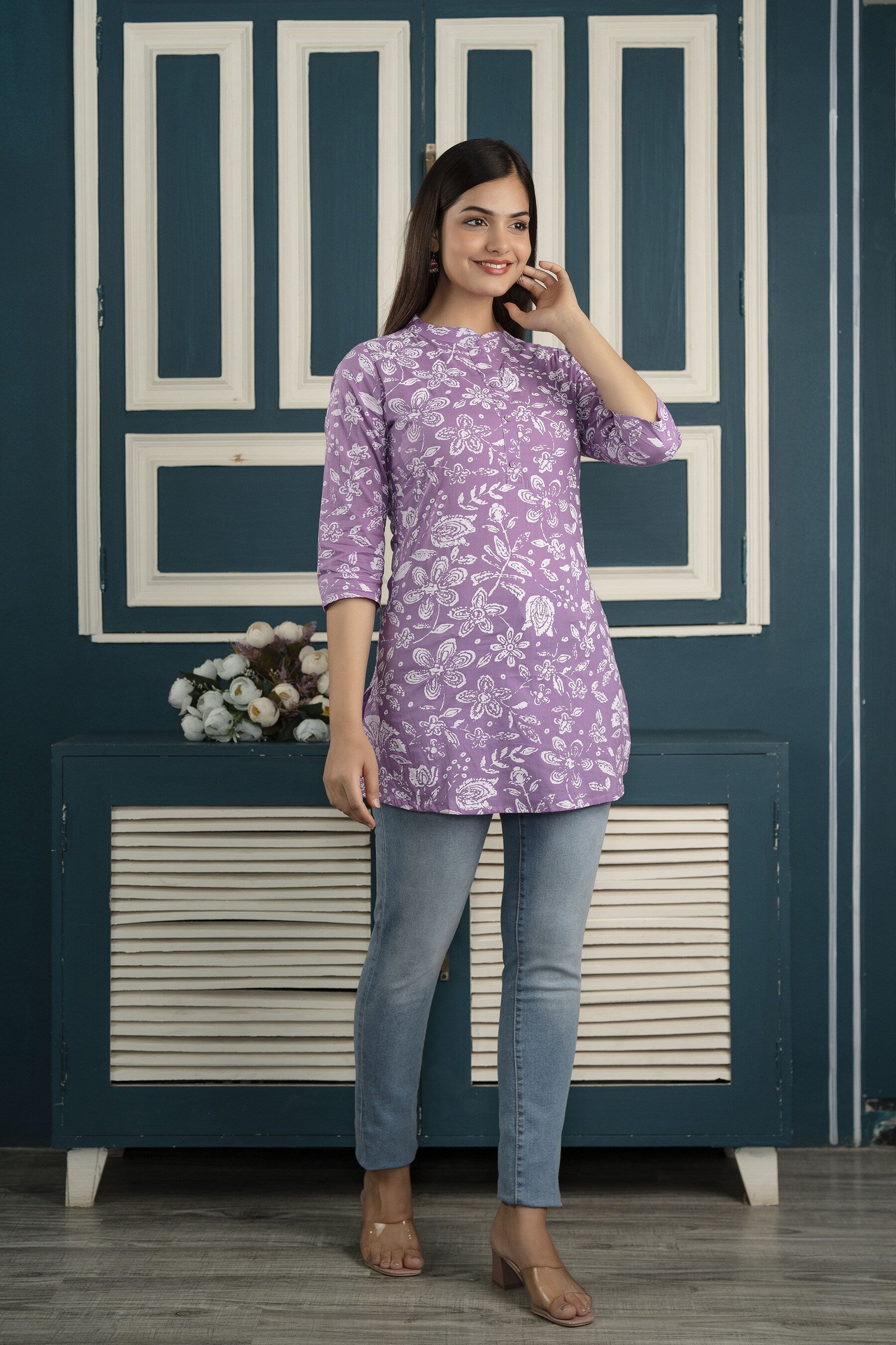 Women's Purple Straight Tunic With Three Quarter Sleeves - Taantav