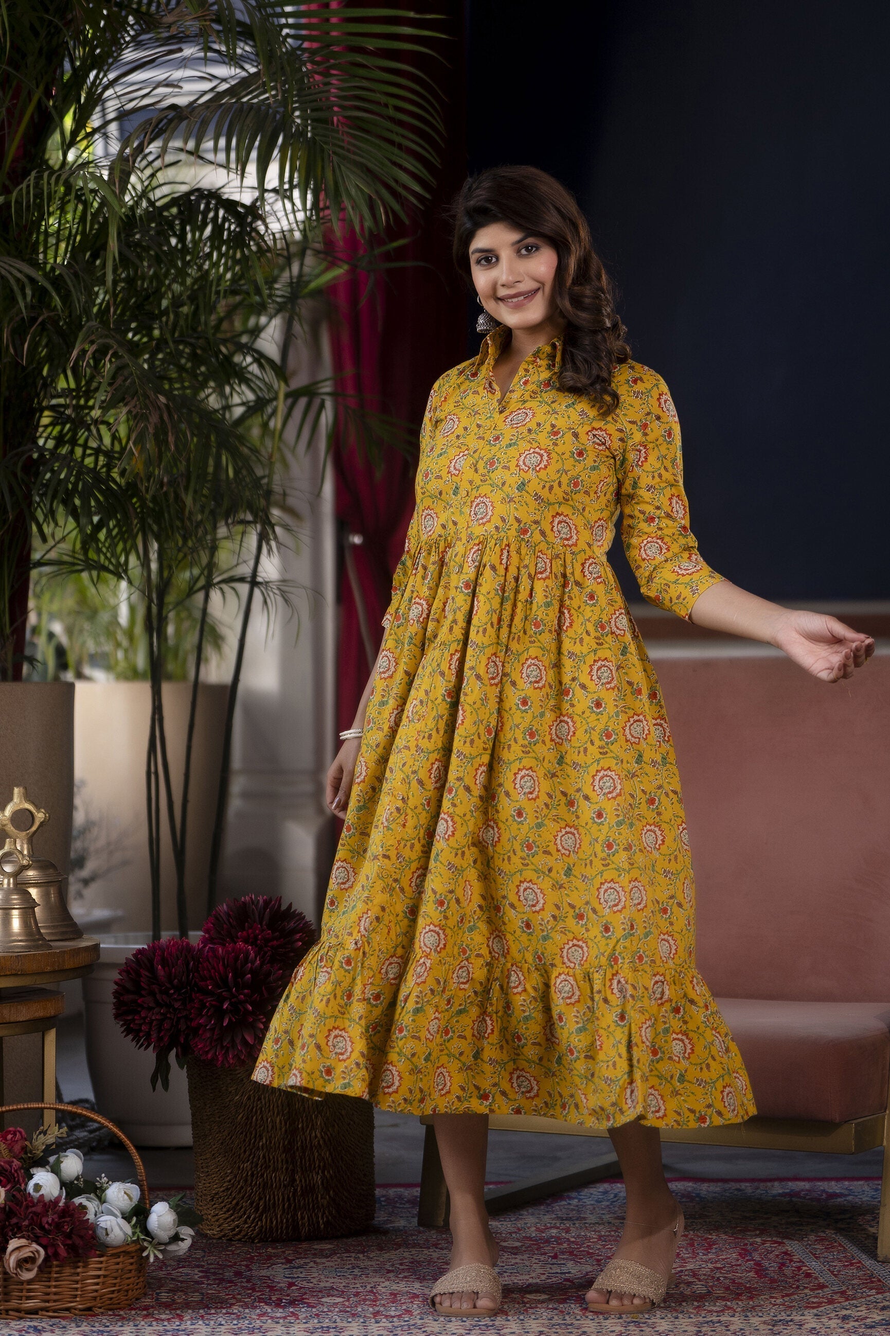 Women's Yellow Floral Printed Flared Dress - Taantav