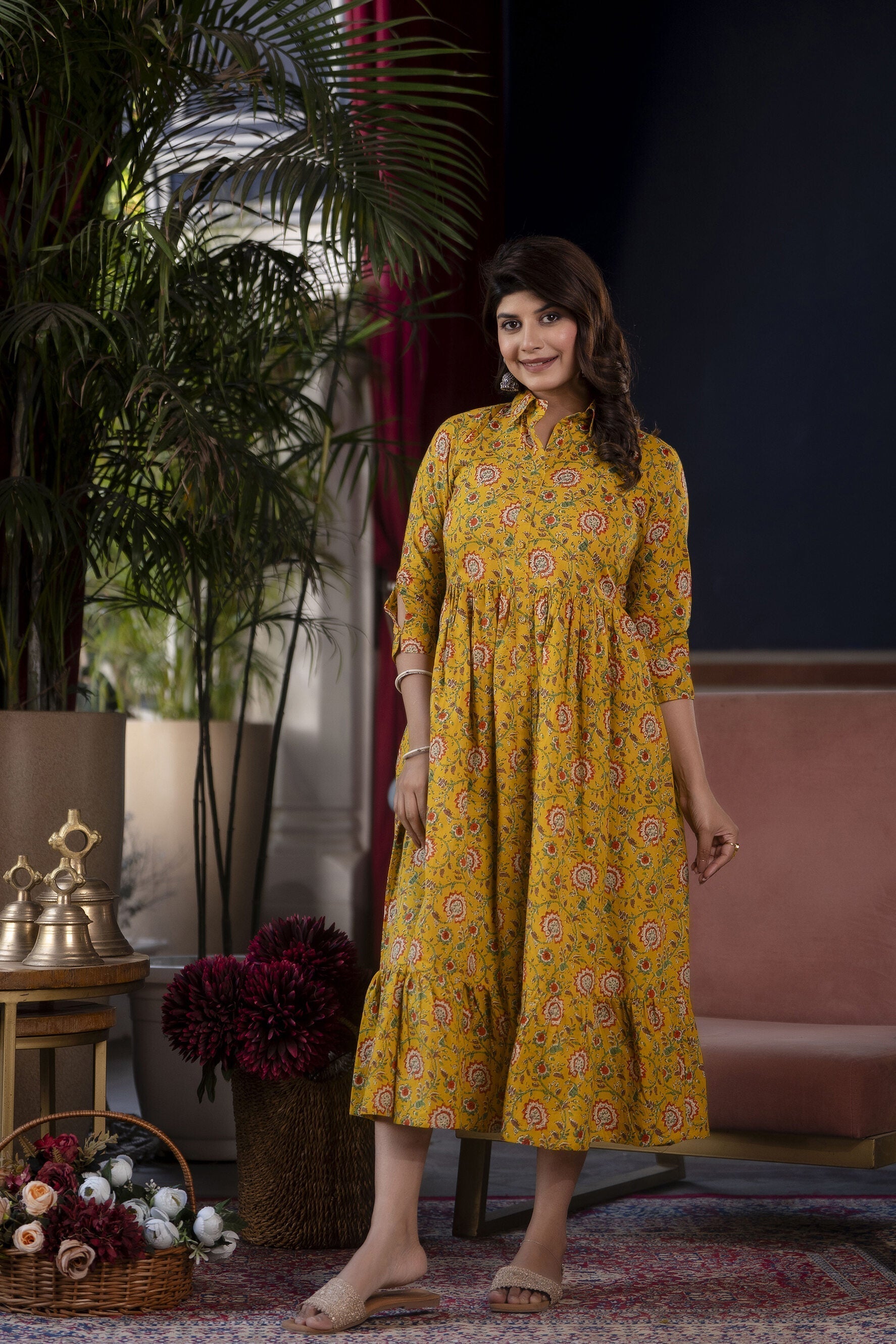 Women's Yellow Floral Printed Flared Dress - Taantav