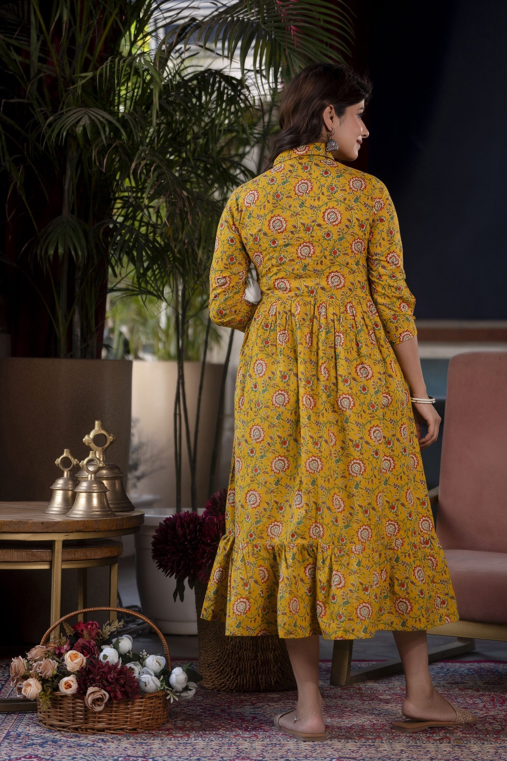 Women's Yellow Floral Printed Flared Dress - Taantav