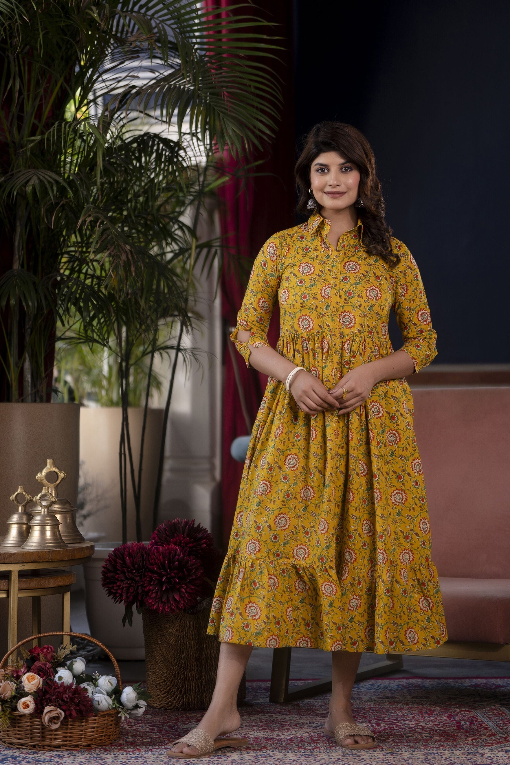 Women's Yellow Floral Printed Flared Dress - Taantav