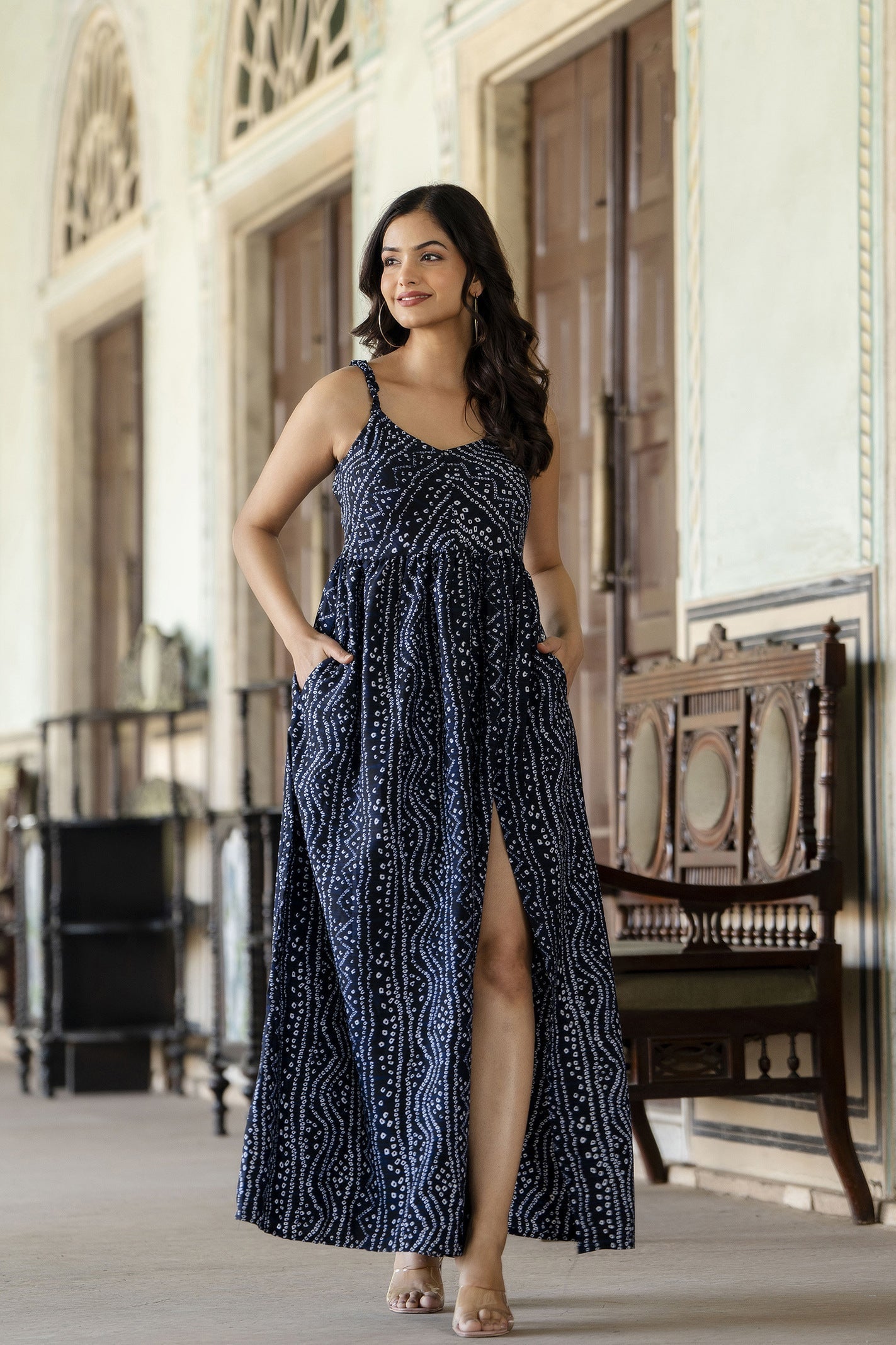 Women's Navy Blue Bandhani Printed Sleeveless Dress - Taantav