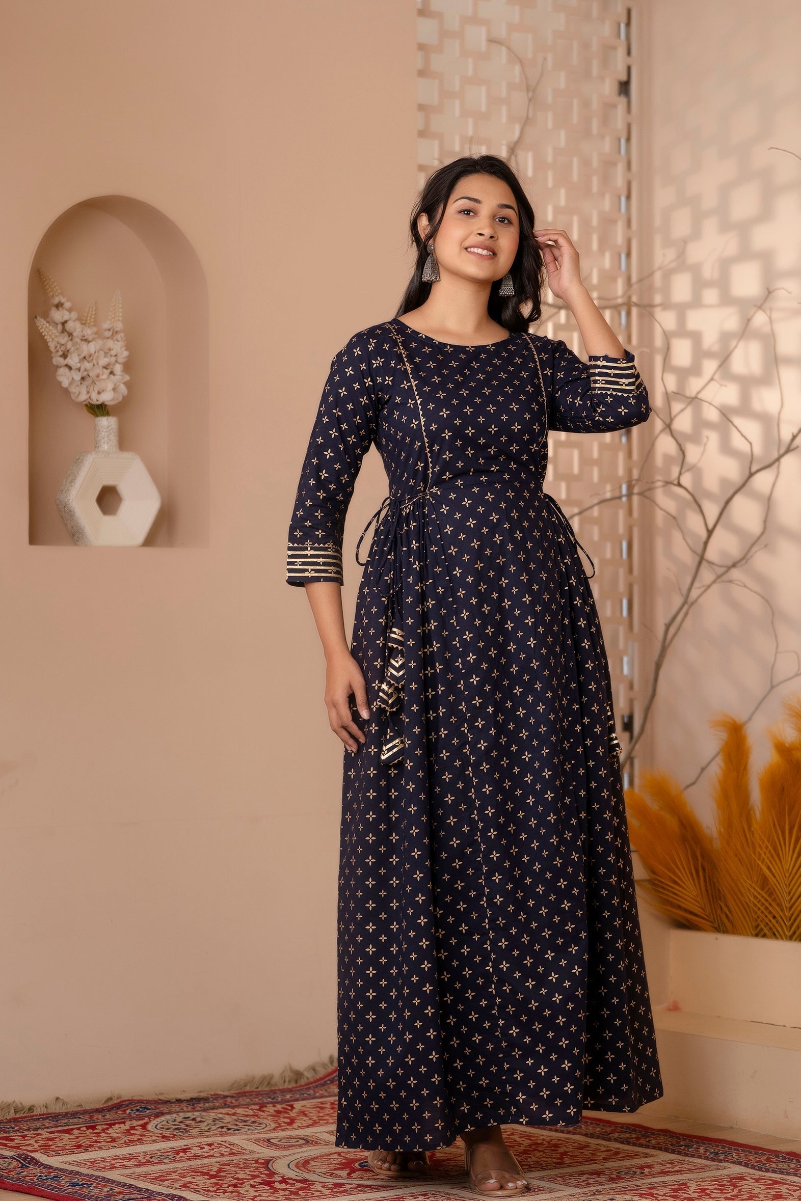 Women's Navy Blue Gold Printed Flared Dress With Three quarter Sleeves - Taantav