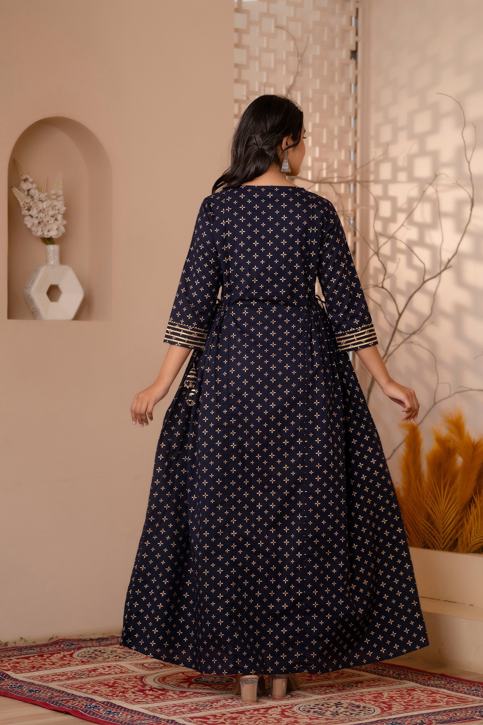 Women's Navy Blue Gold Printed Flared Dress With Three quarter Sleeves - Taantav