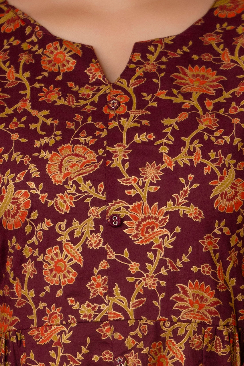 Women's Burgundy Gold Printed Floral Print Tiare Dress - Taantav