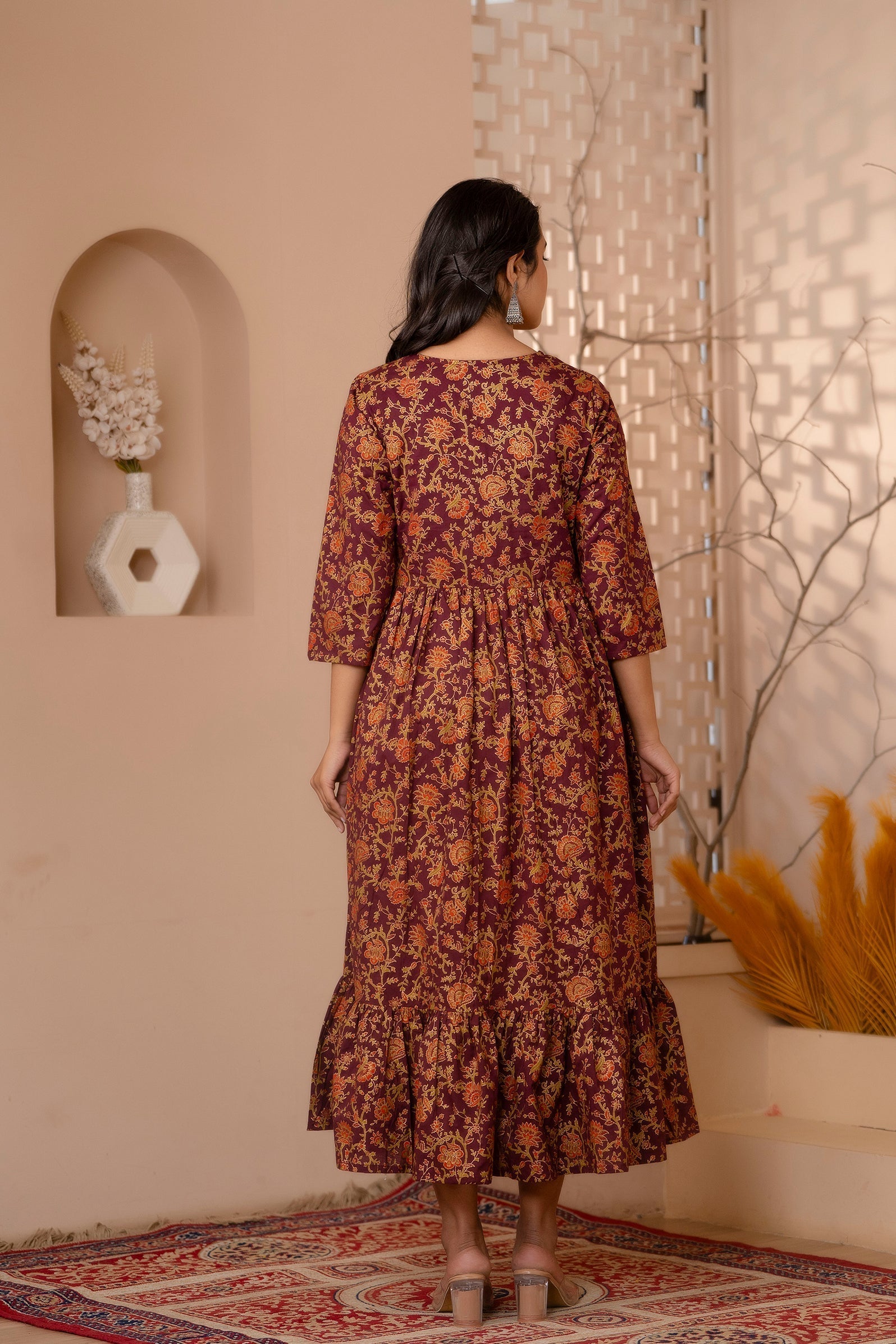 Women's Burgundy Gold Printed Floral Print Tiare Dress - Taantav