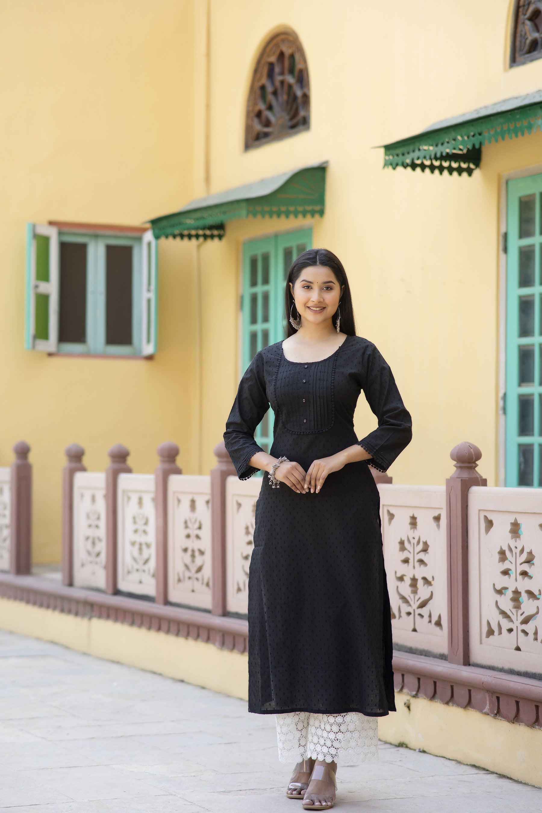 Women's Black Doby Straight Kurta with three quarter sleeves - Taantav