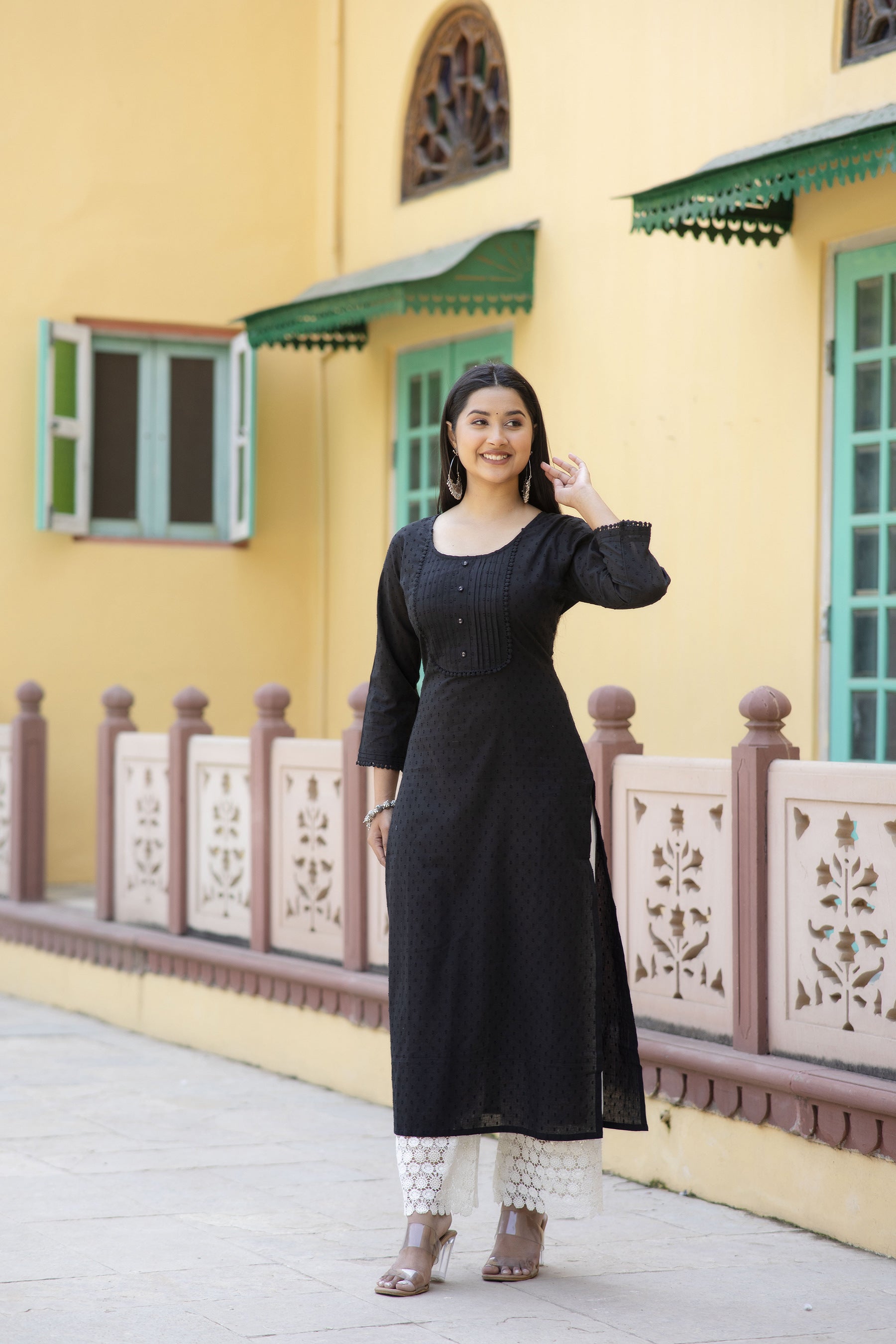 Women's Black Doby Straight Kurta with three quarter sleeves - Taantav