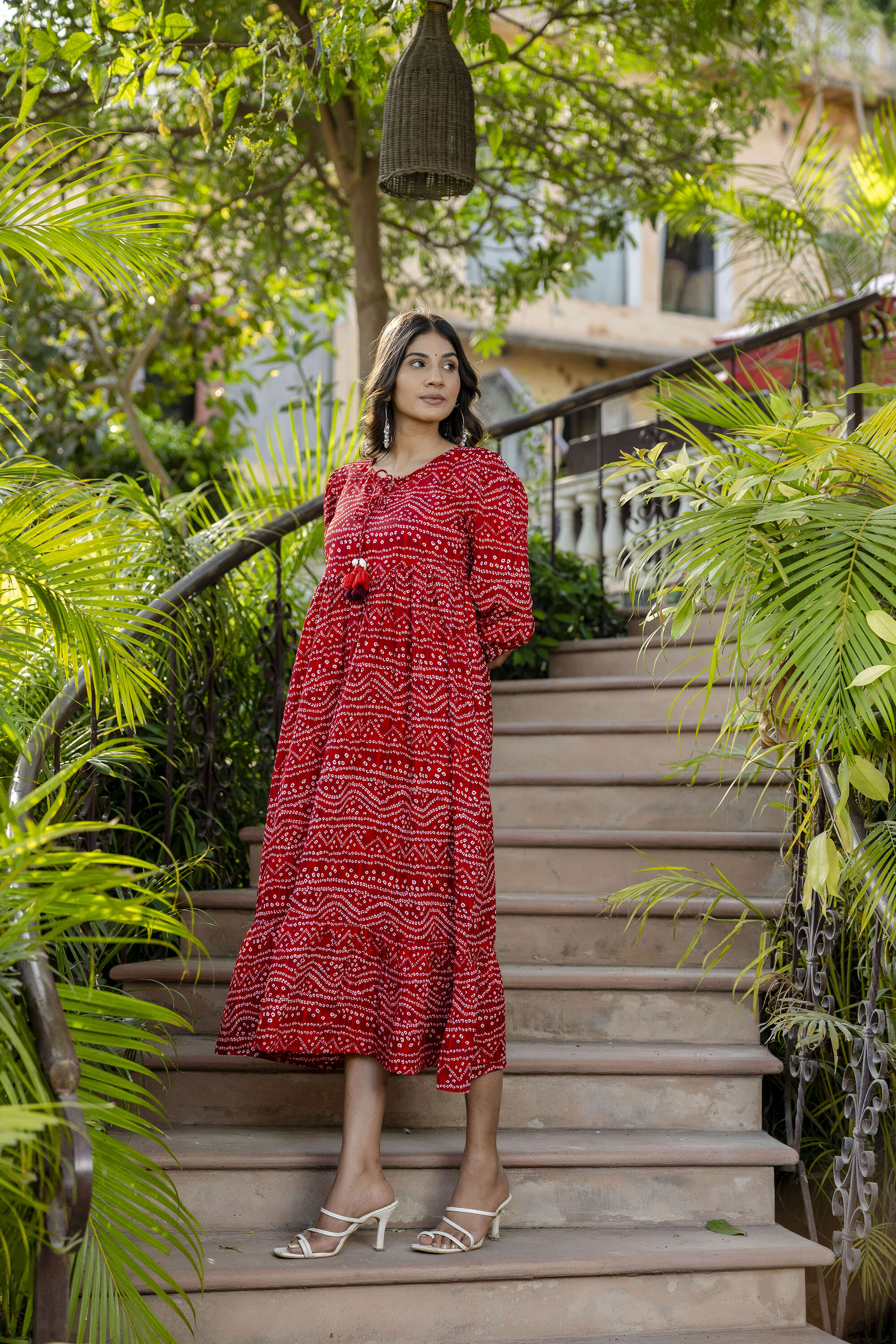 Women's Red Bandhani Printed Flared Dress - Taantav