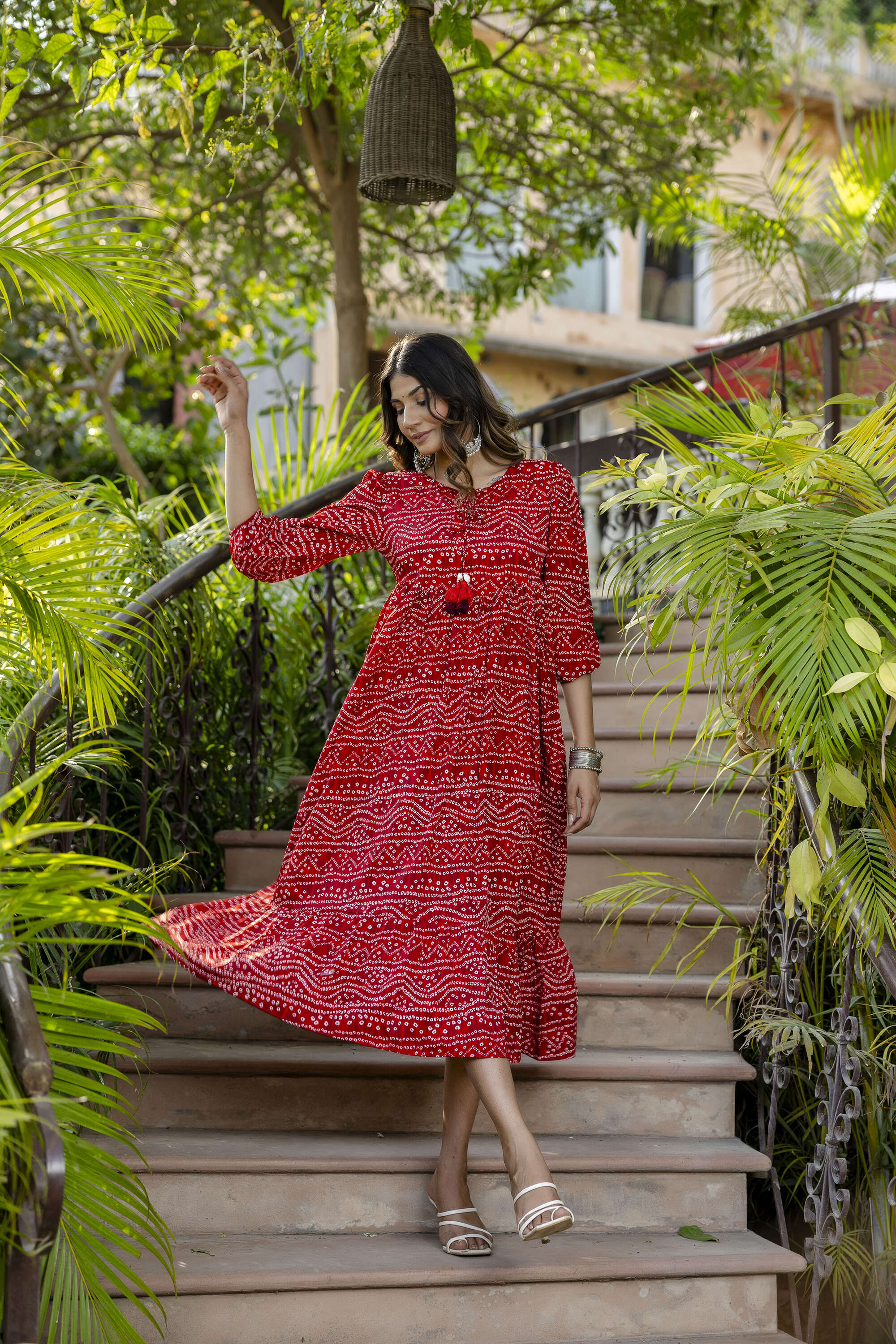 Women's Red Bandhani Printed Flared Dress - Taantav