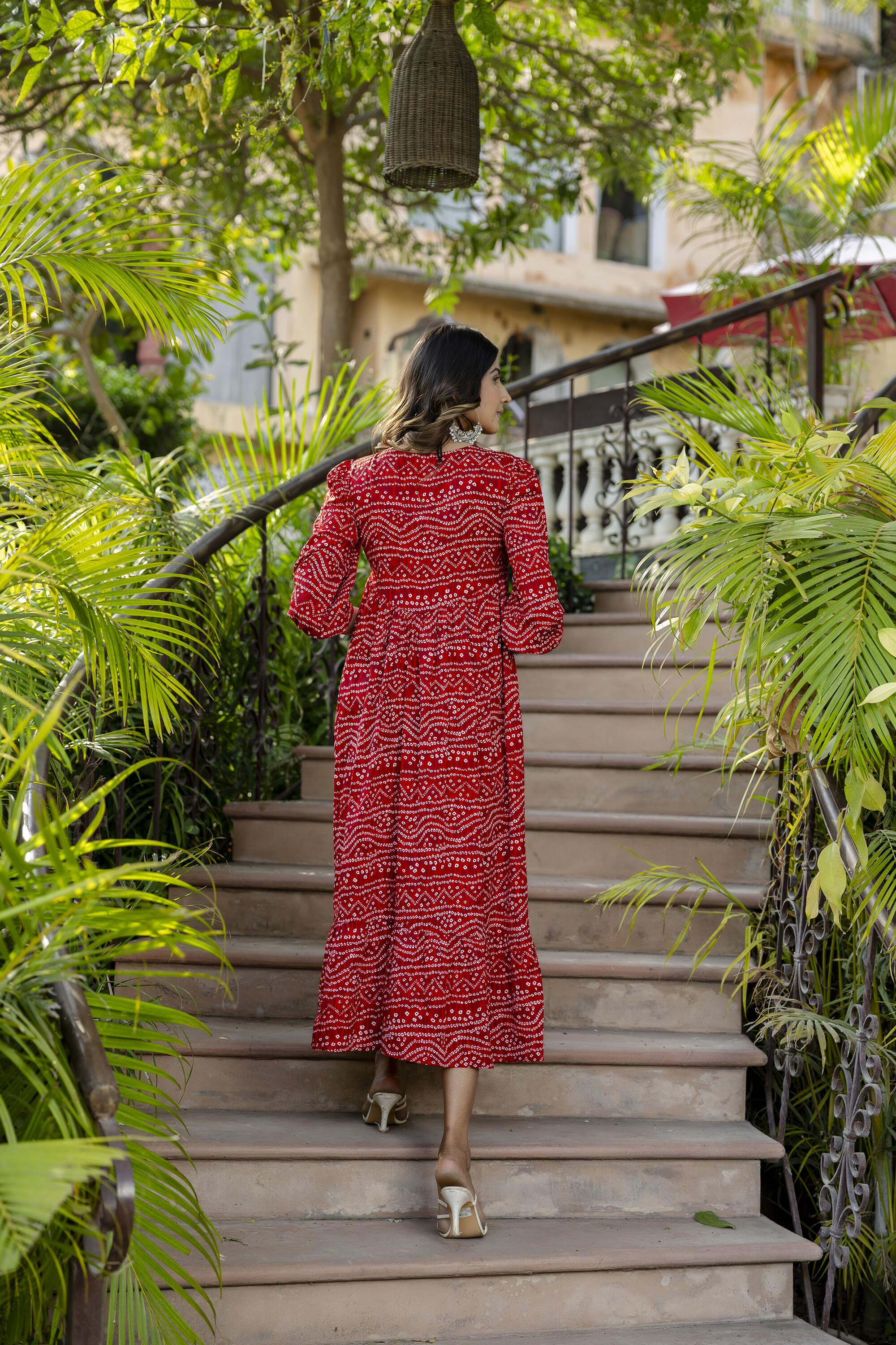 Women's Red Bandhani Printed Flared Dress - Taantav