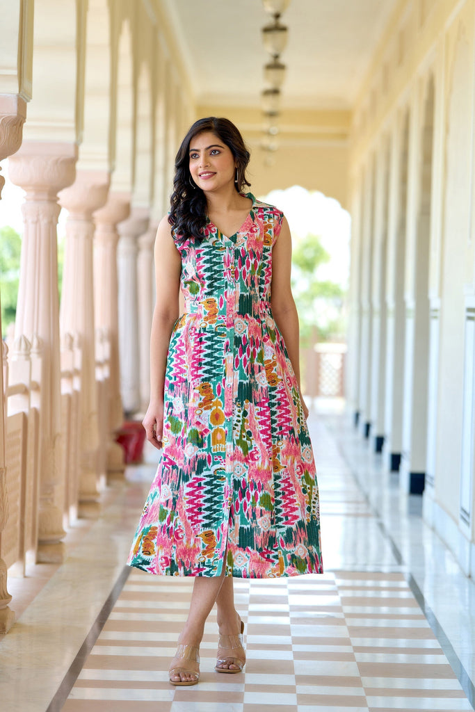 Women's Multi colure Printed Sleeveless A-Line Dress