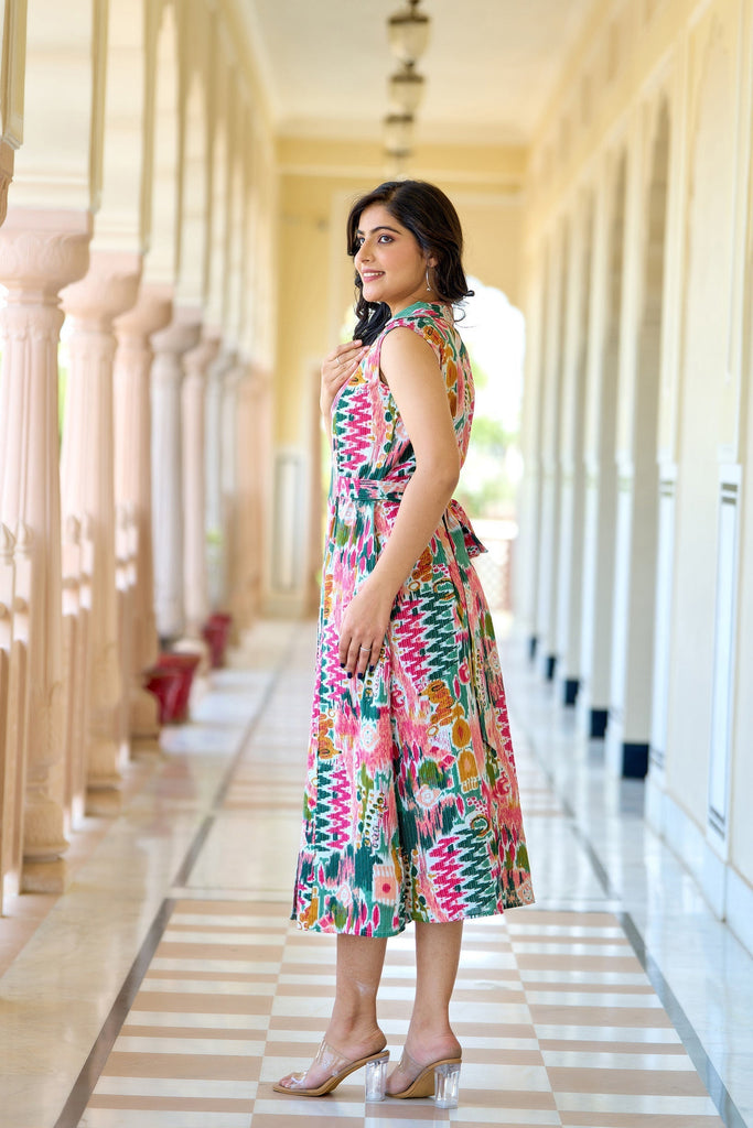 Women's Multi colure Printed Sleeveless A-Line Dress